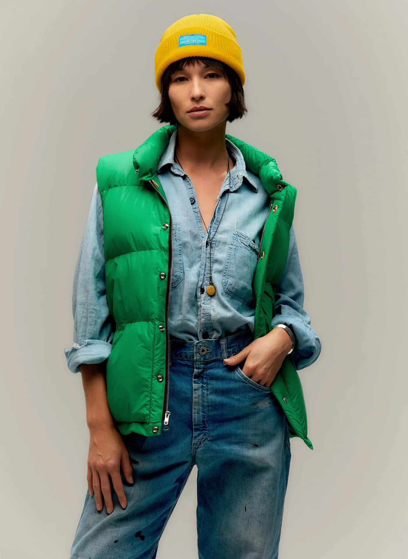 i+w x crescent down works classic vest sold by Imogene + Willie