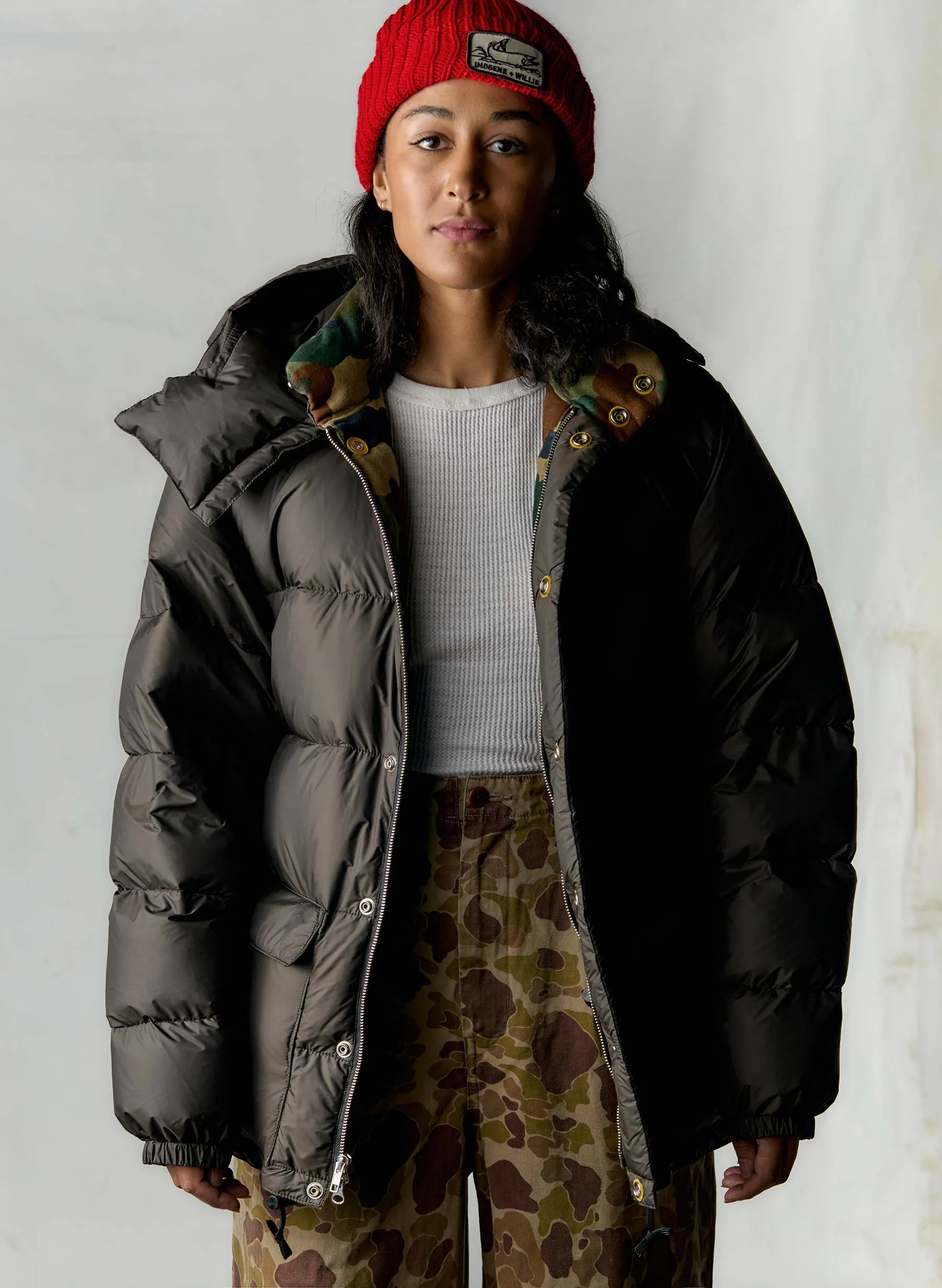 i+w x crescent down works camo lined parka sold by Imogene + Willie