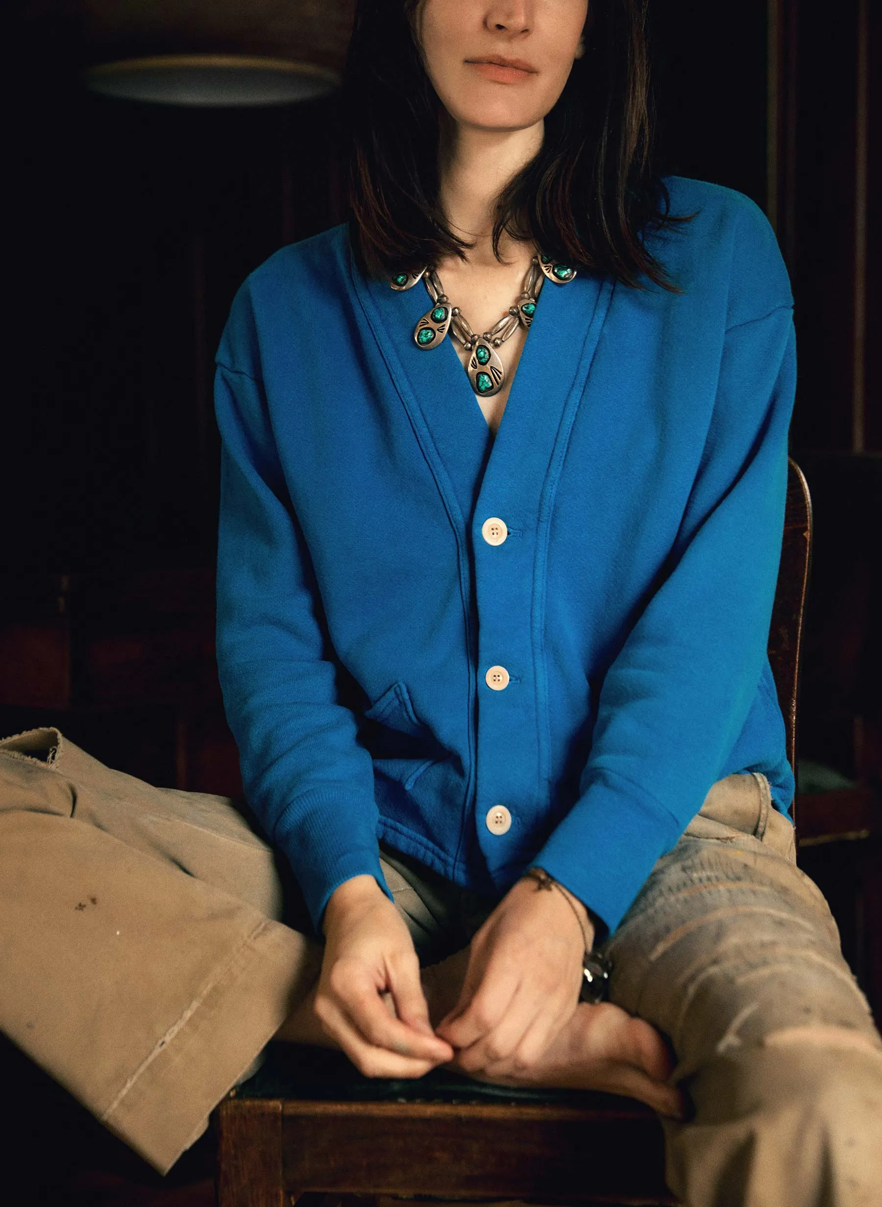 knit fleece cardigan in klein blue sold by Imogene + Willie