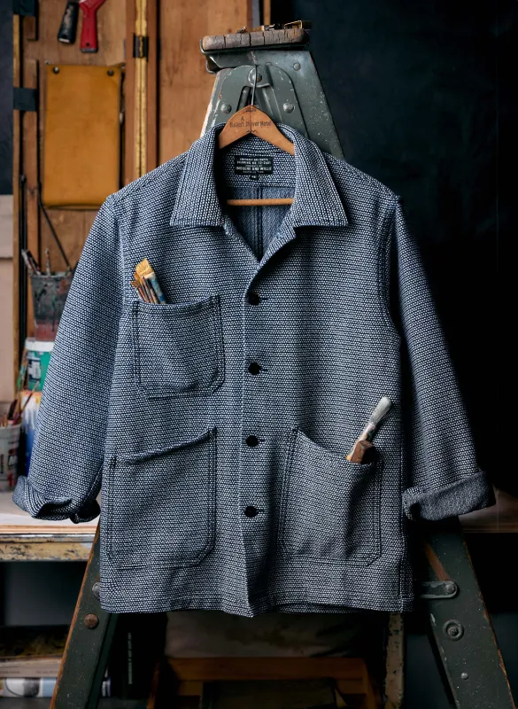 the painters coat in indigo cream sashiko sold by Imogene + Willie