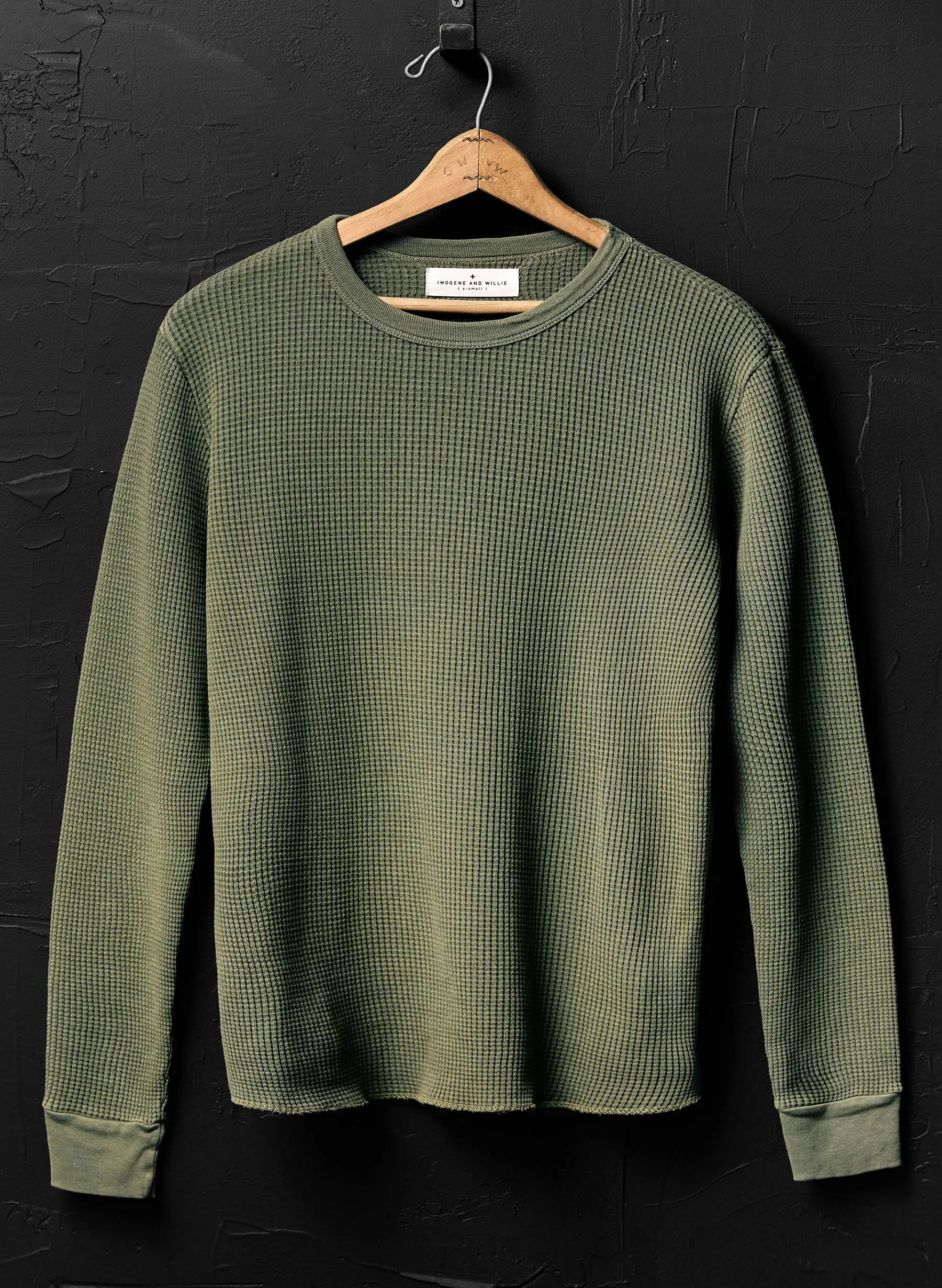 the long sleeve thermal crew in olive sold by Imogene + Willie