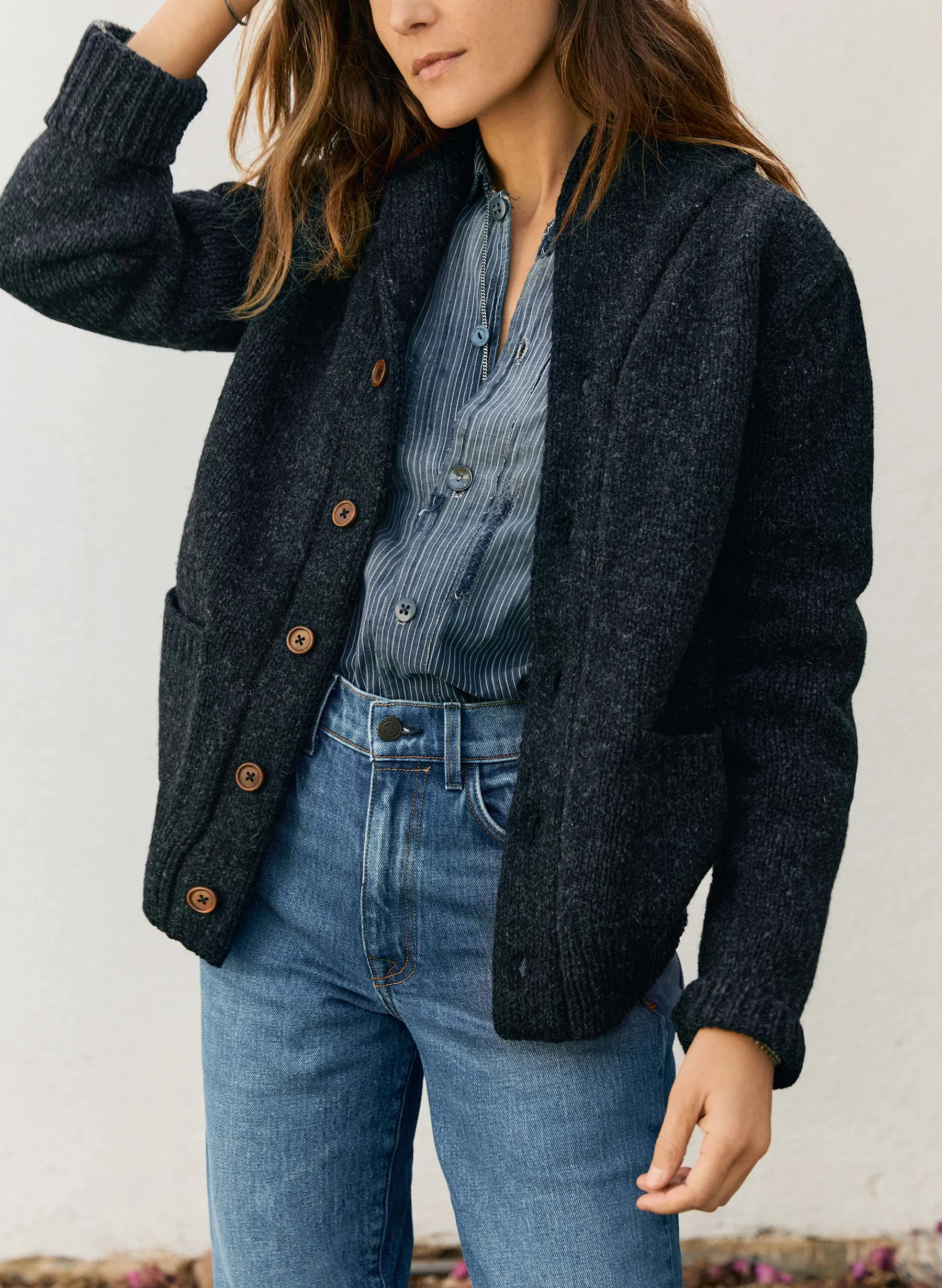 the beckett cardigan in charcoal sold by Imogene + Willie