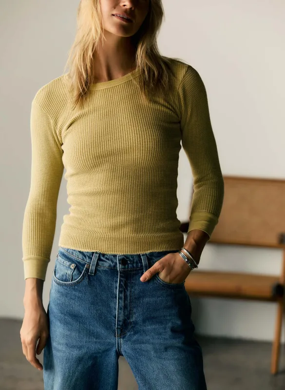the waffle thermal crew in faded yellow sold by Imogene + Willie