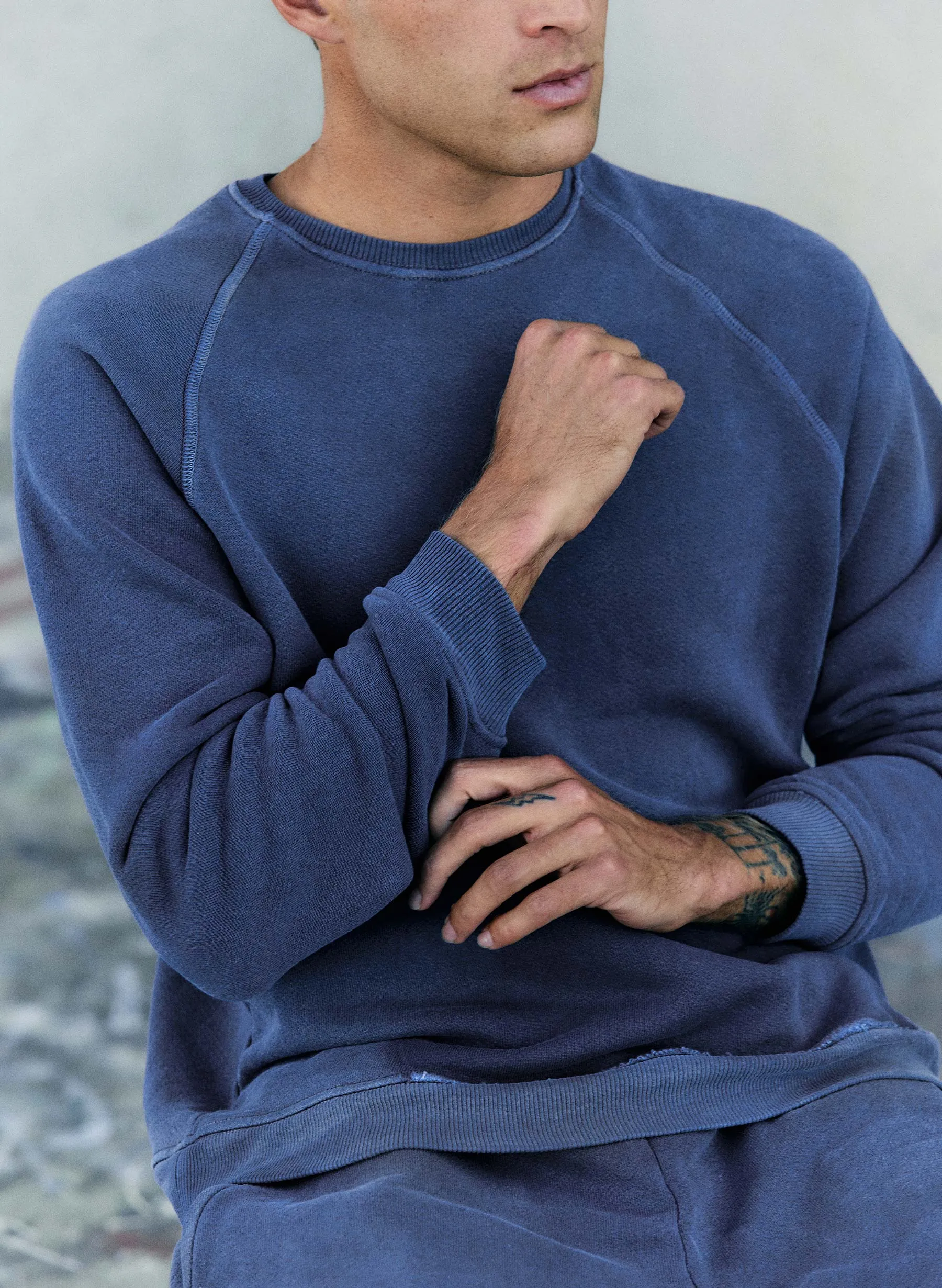 the old school crew in faded blue sold by Imogene + Willie