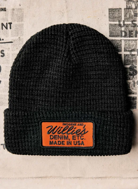 knit "denim etc" watch cap sold by Imogene + Willie