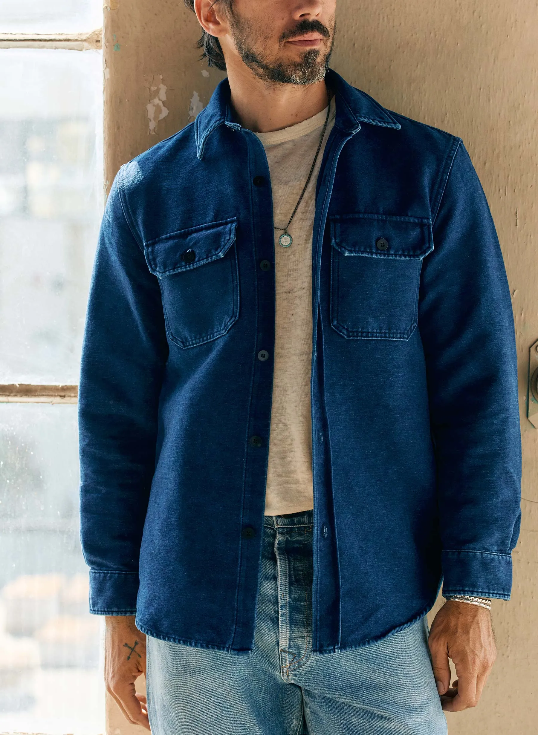 the griffin workshirt in indigo sold by Imogene + Willie