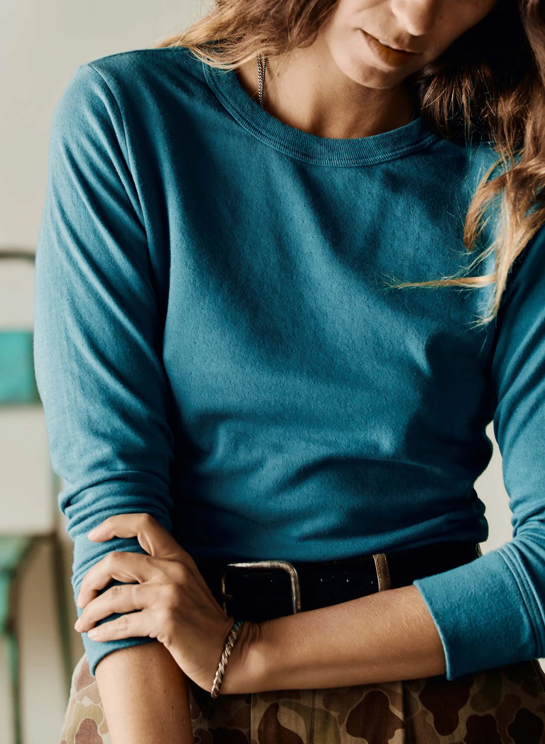 double knit thermal crew in teal sold by Imogene + Willie