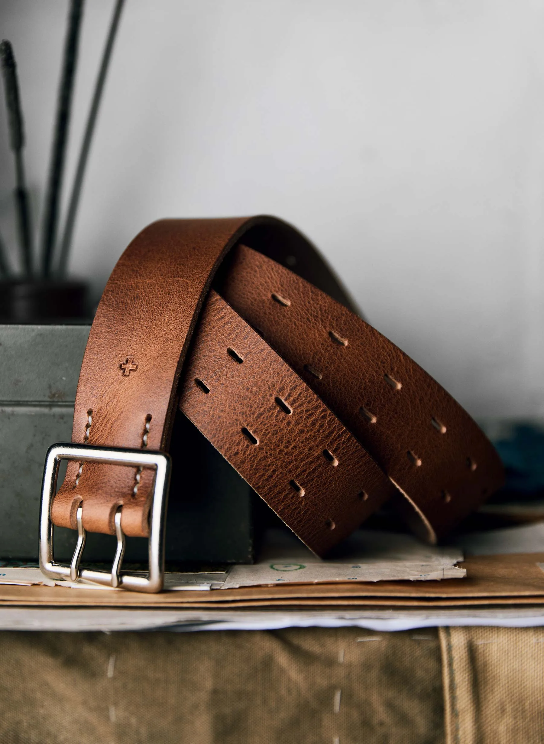 i+w x Emil Erwin two prong horween belt sold by Imogene + Willie