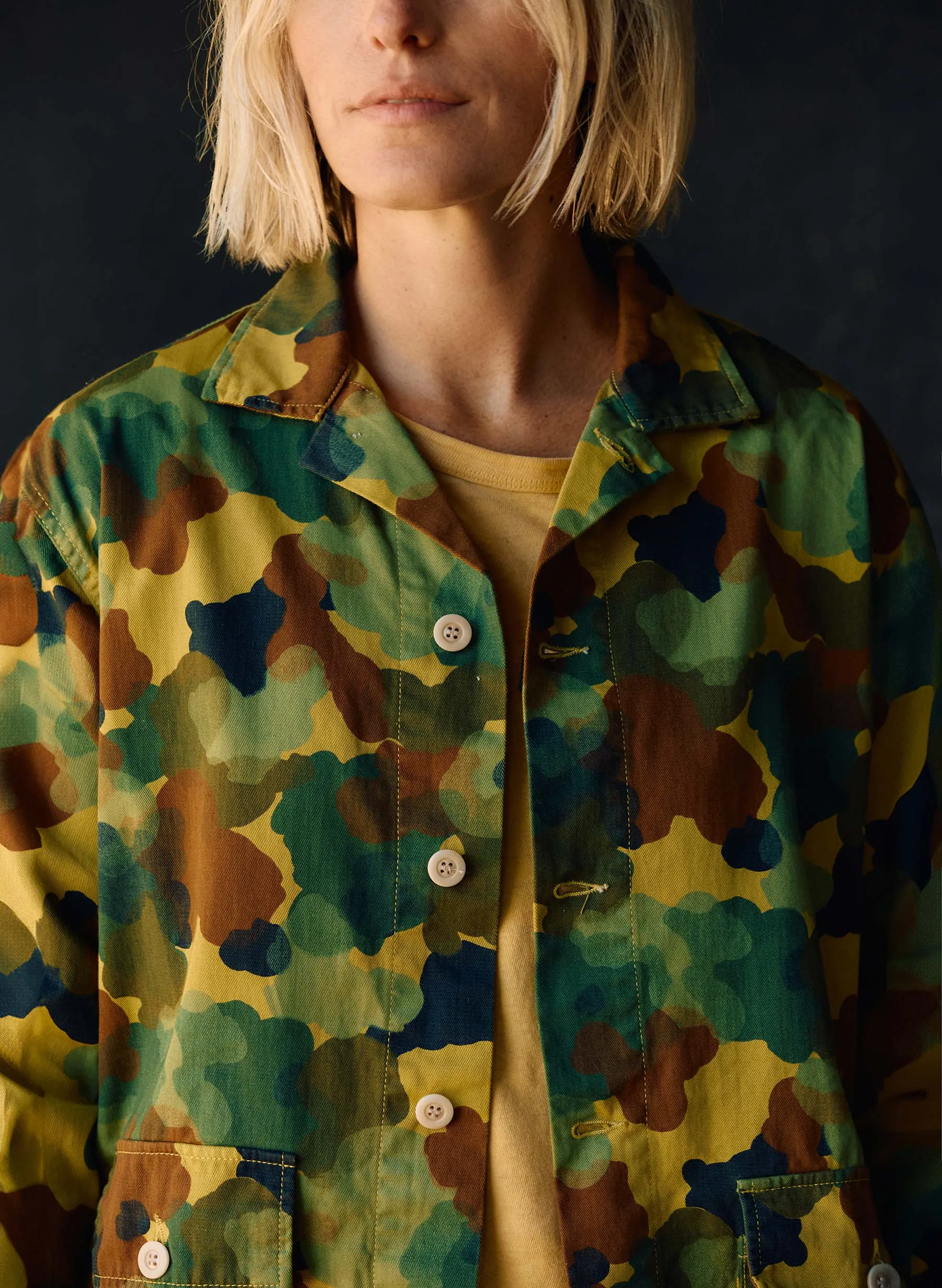 the goodall jacket in painted camo sold by Imogene + Willie