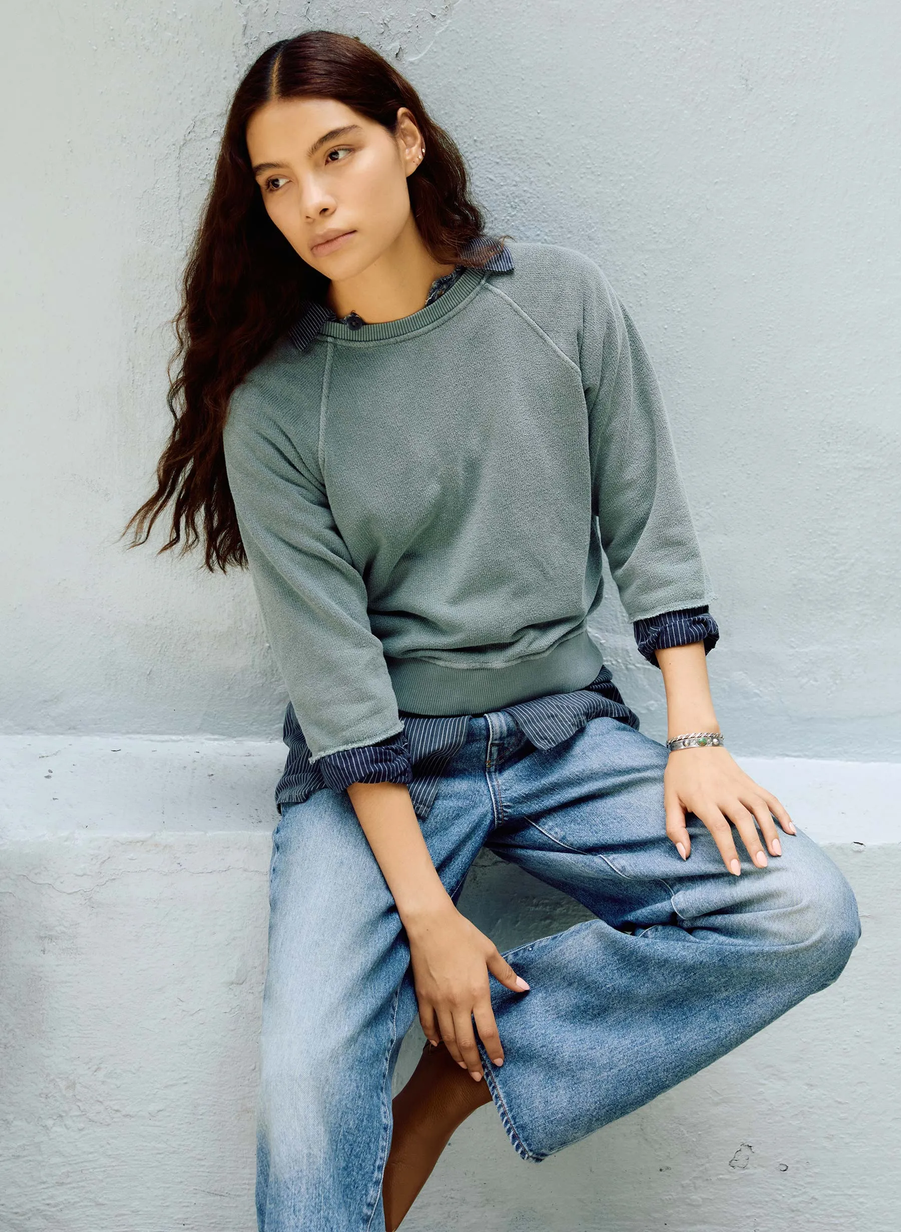 the cut sleeve sweatshirt in sage sold by Imogene + Willie