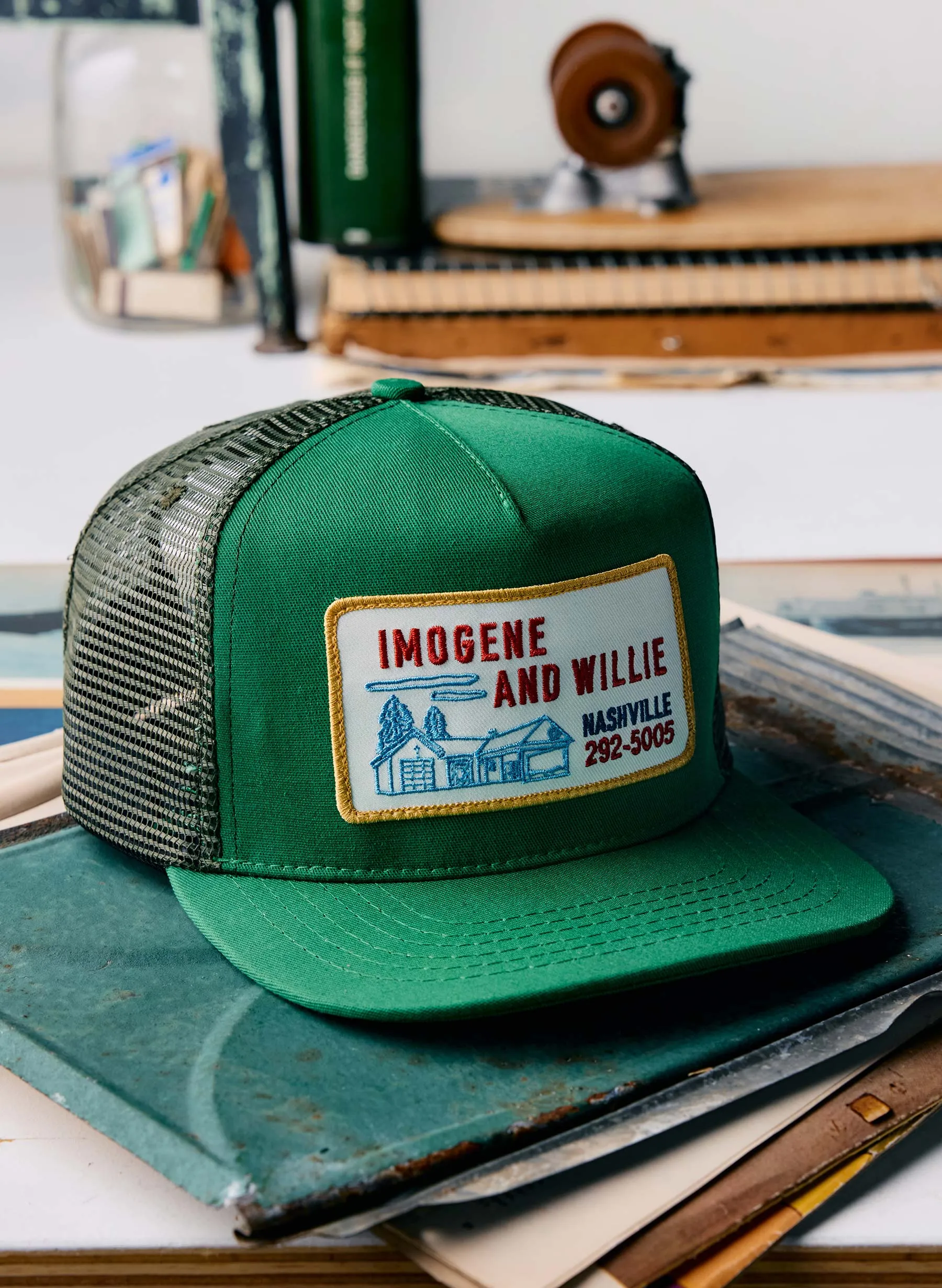 the "service station" trucker in kelly green sold by Imogene + Willie