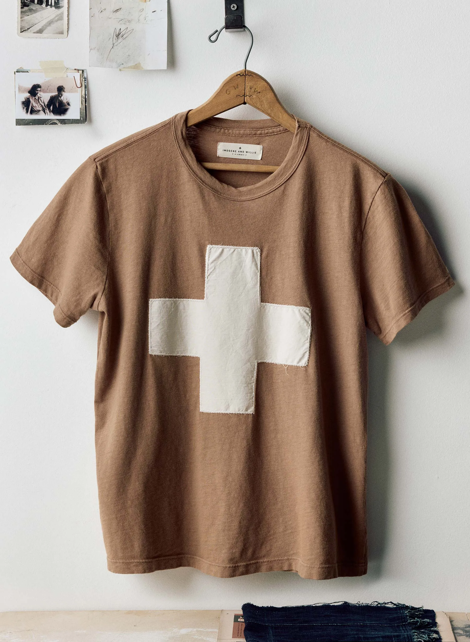 the "plus" tee in fatigue brown sold by Imogene + Willie