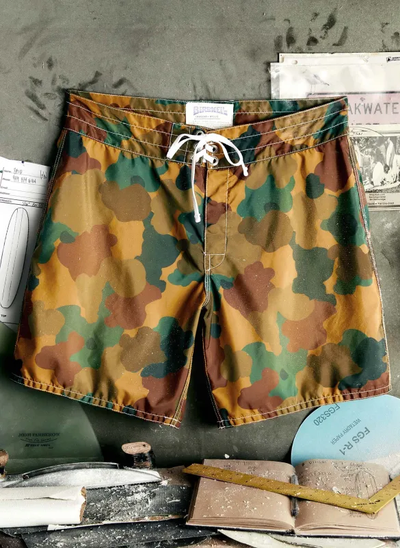 i+w x Birdwell camo 300 boardshorts sold by Imogene + Willie