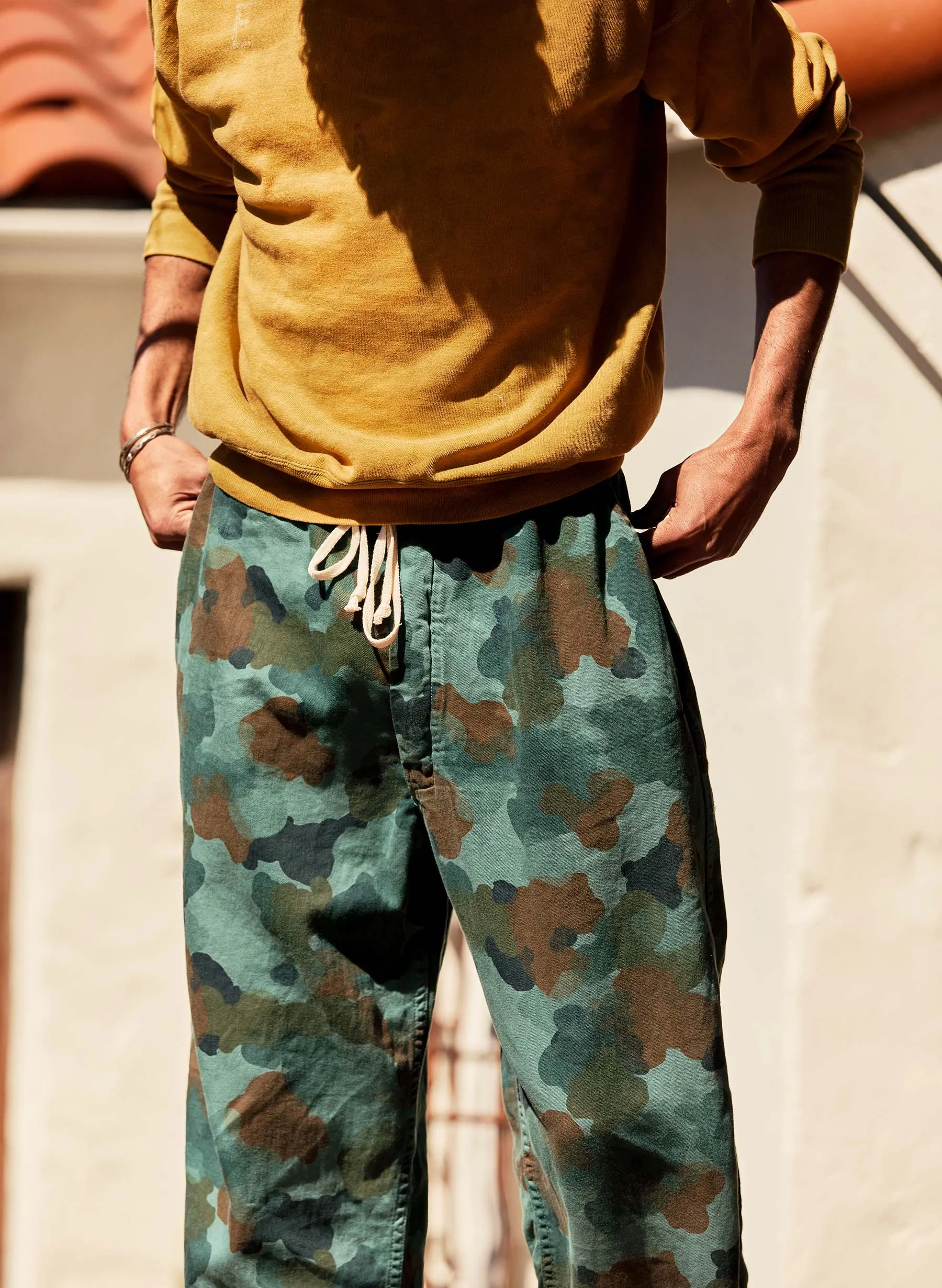 the lounge pant in painted camo sold by Imogene + Willie