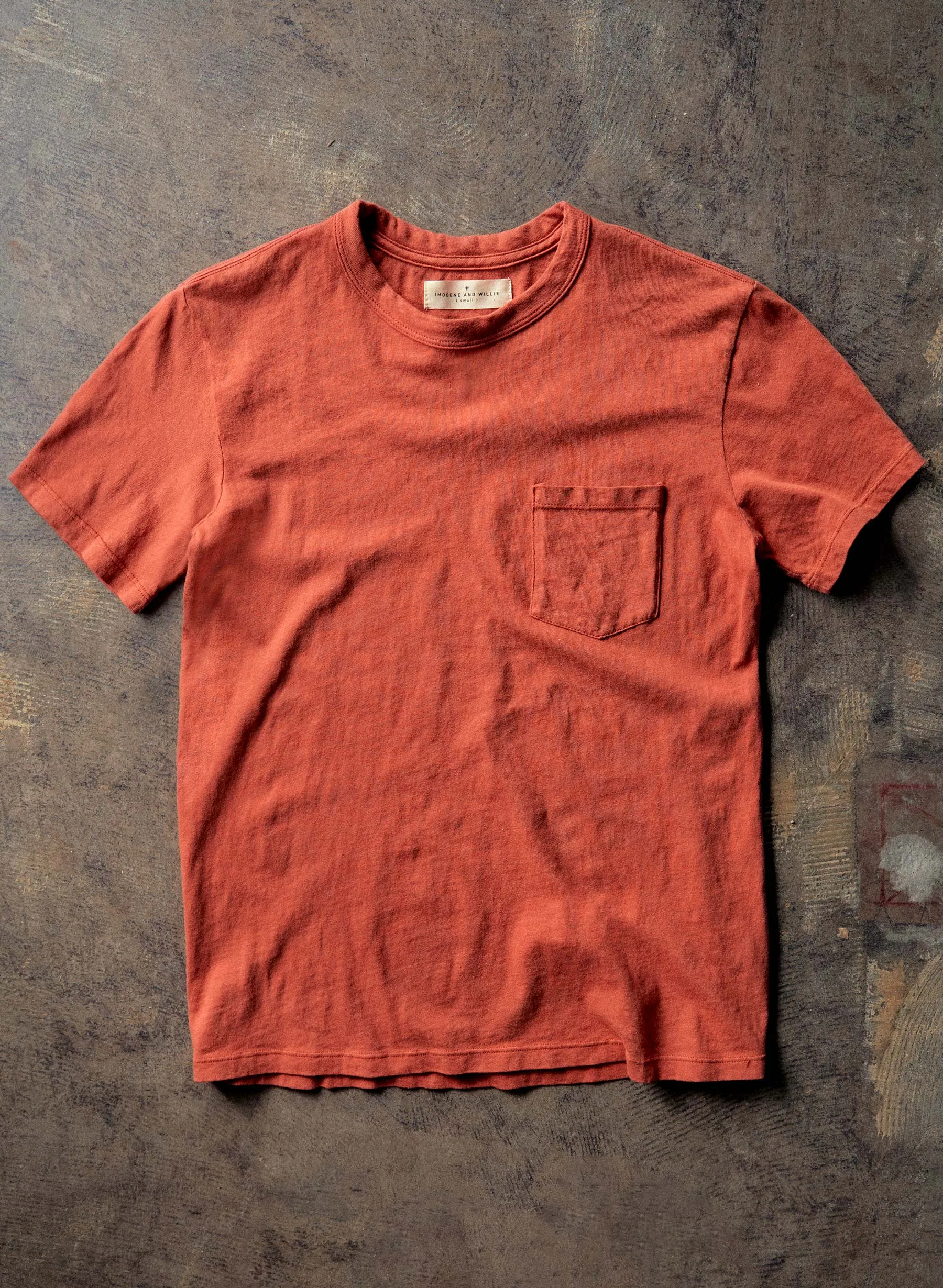rust knit pocket tee sold by Imogene + Willie