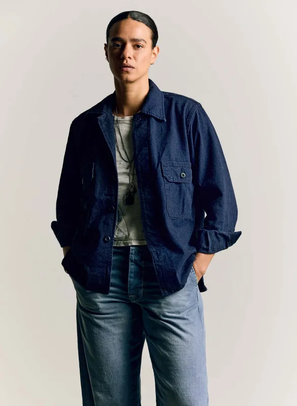 military shirt jacket in indigo sold by Imogene + Willie