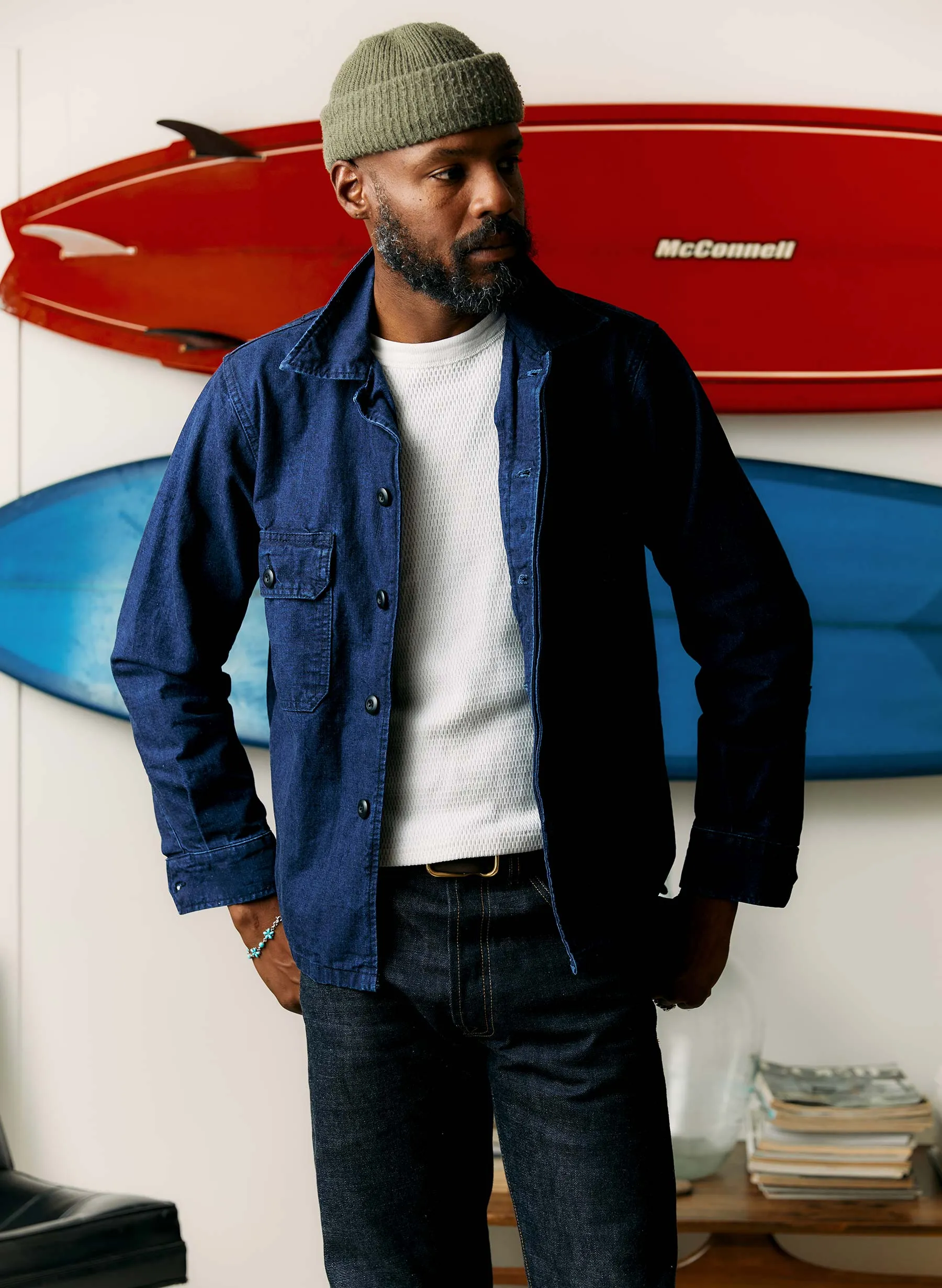 military shirt jacket in indigo sold by Imogene + Willie