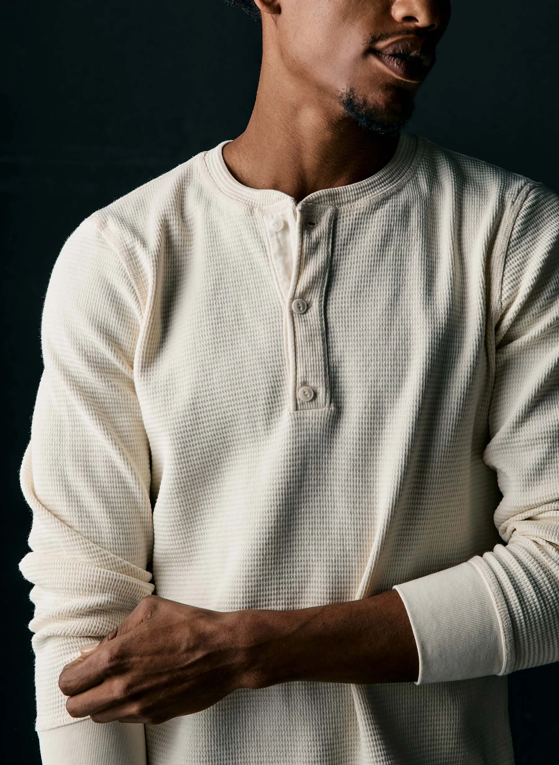 the knit waffle henley in vintage white sold by Imogene + Willie