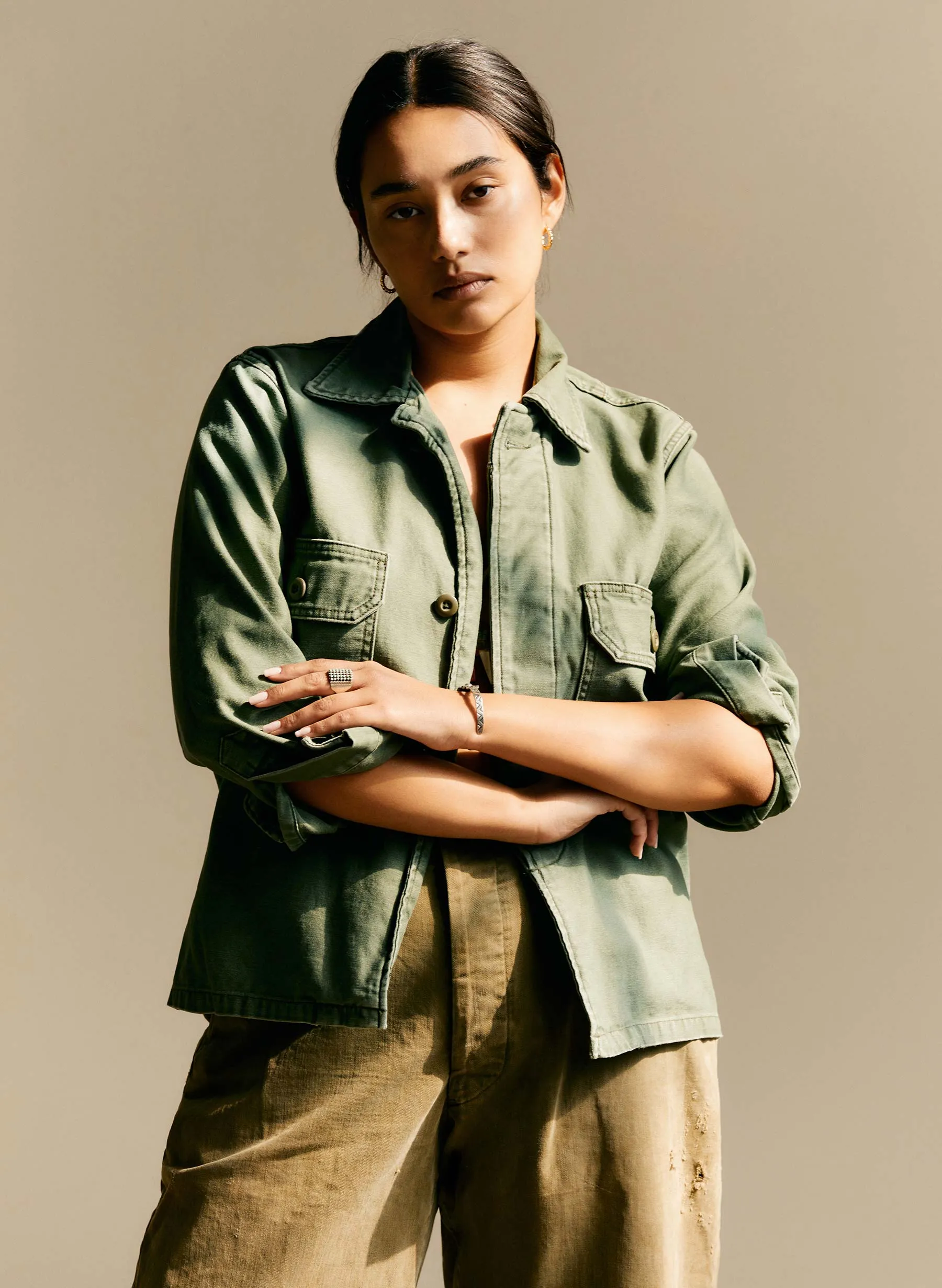 military shirt jacket in fatigue green sold by Imogene + Willie