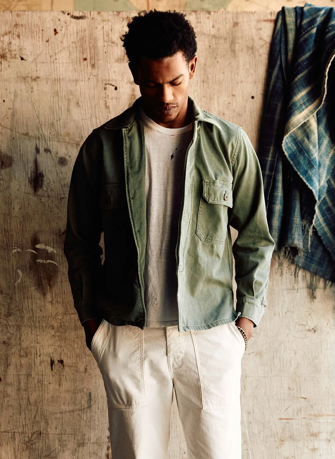 military shirt jacket in fatigue green sold by Imogene + Willie