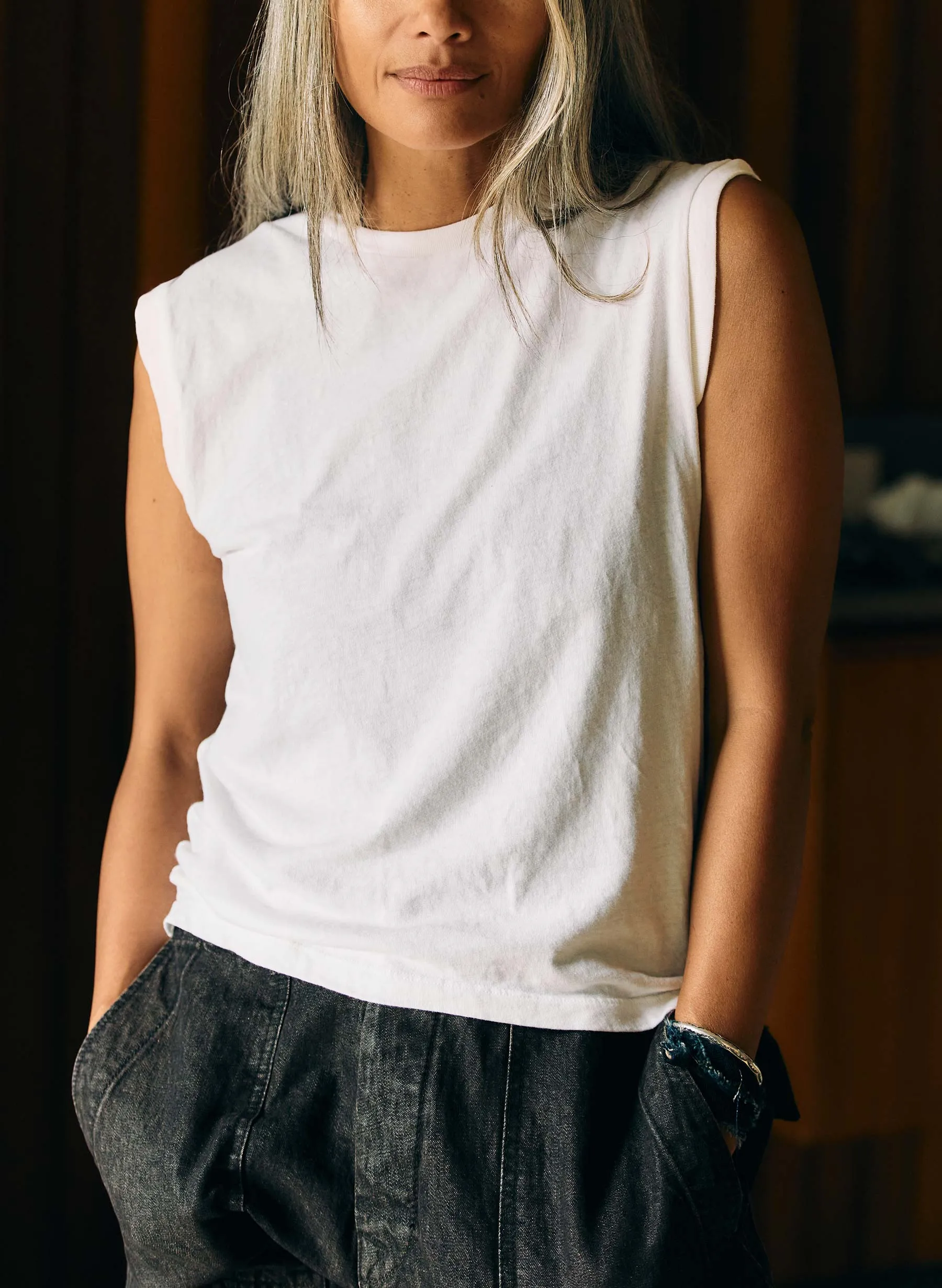 the cotton muscle tee in vintage white sold by Imogene + Willie