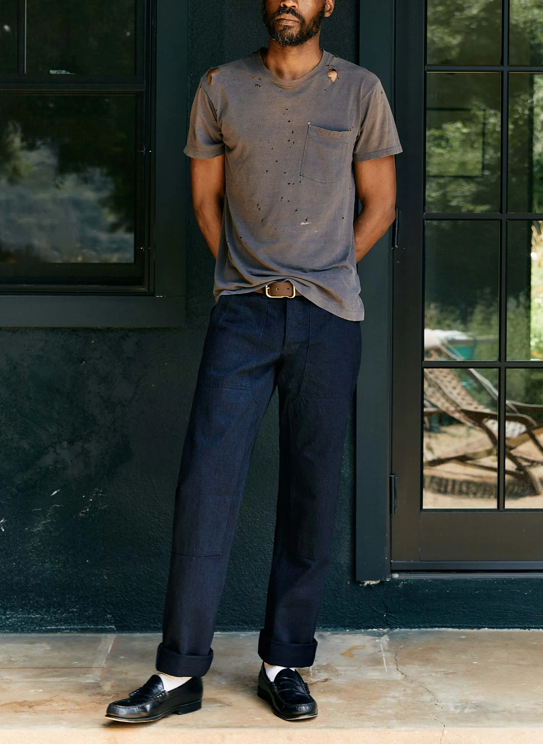 hencye workpant in black indigo sold by Imogene + Willie