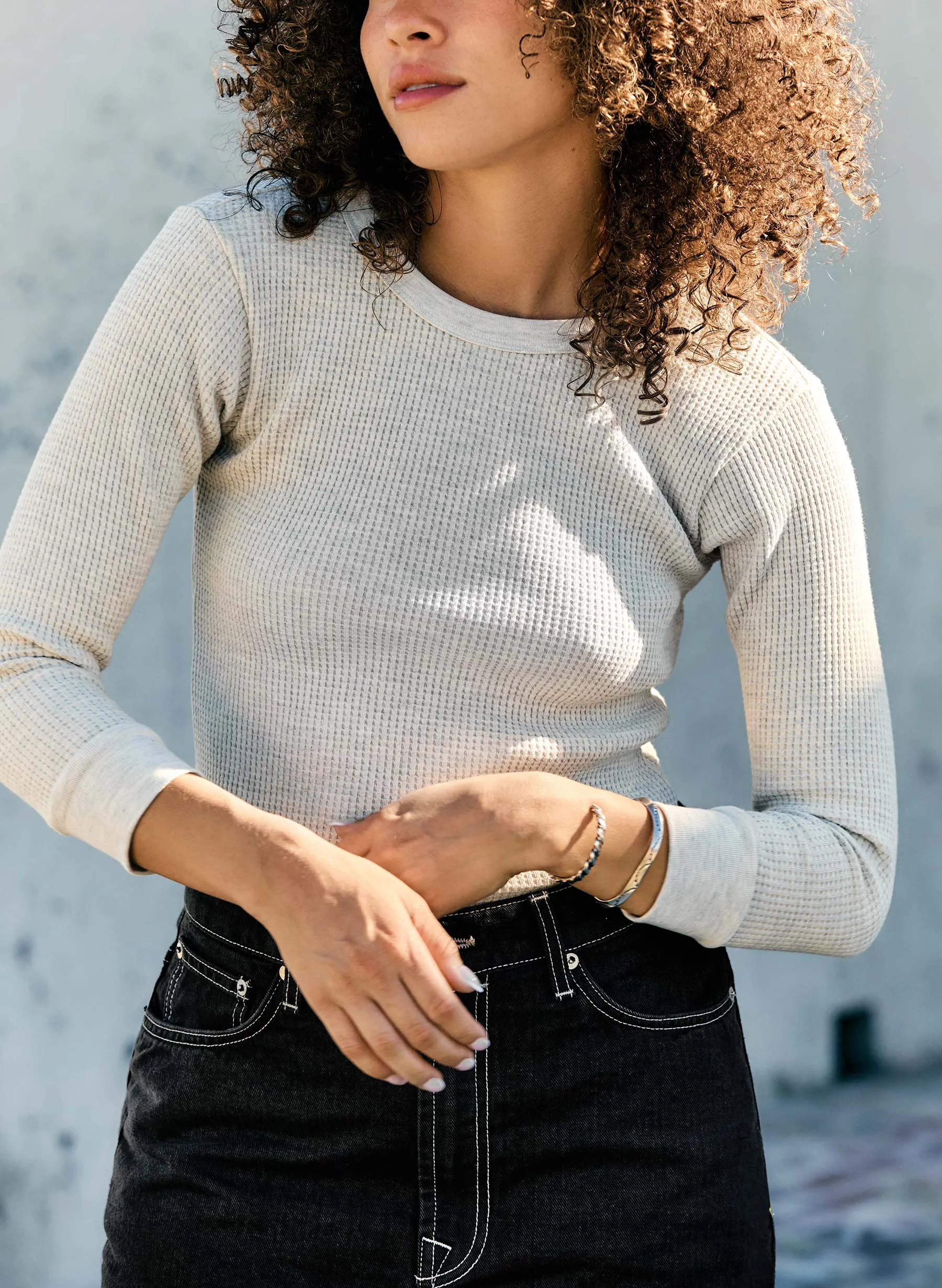 the waffle thermal crew in ash sold by Imogene + Willie