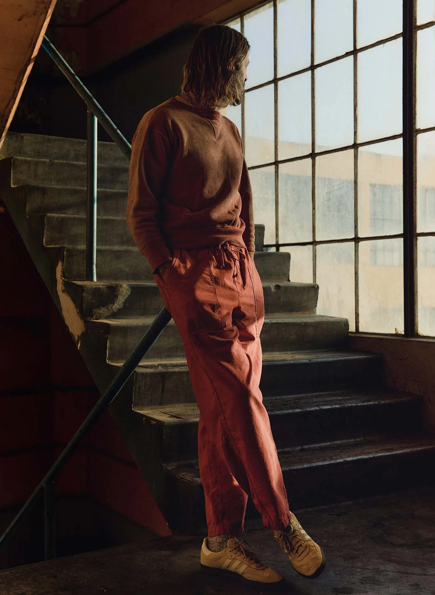 the ventura chore pant in sunfaded red sold by Imogene + Willie