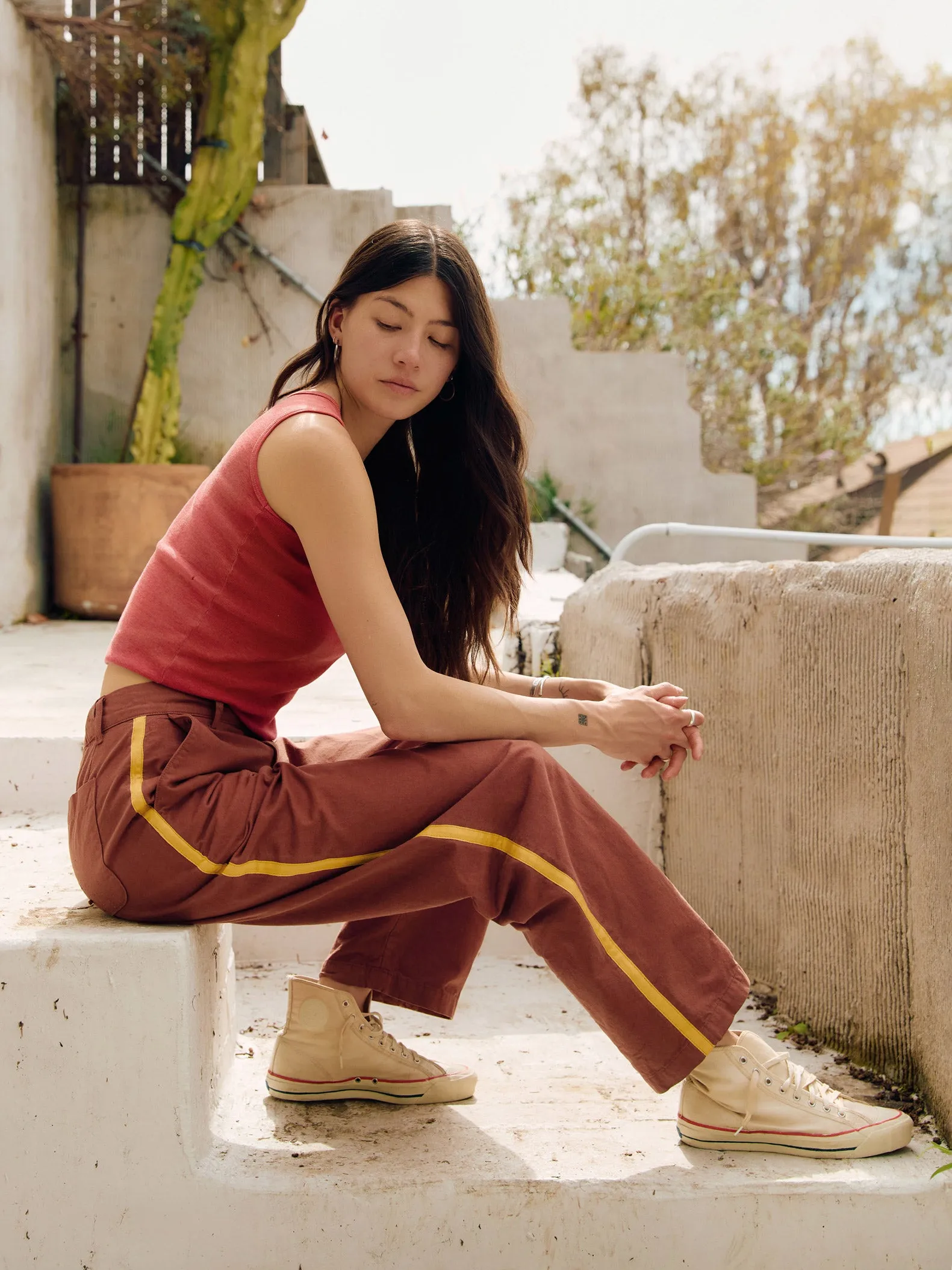 baker striped trouser in terra sold by Imogene + Willie