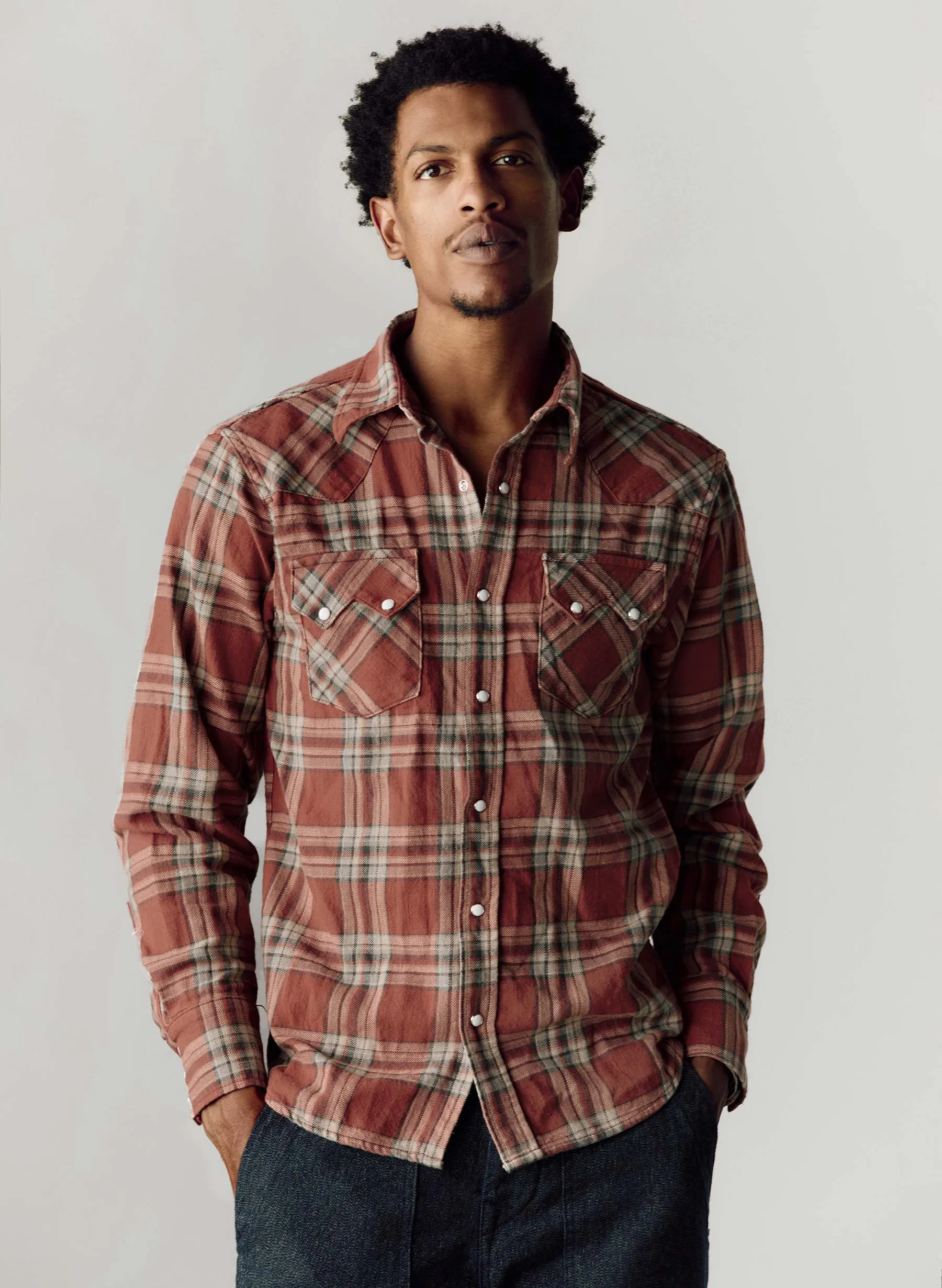 the sawtooth pearl snap in pueblo sold by Imogene + Willie