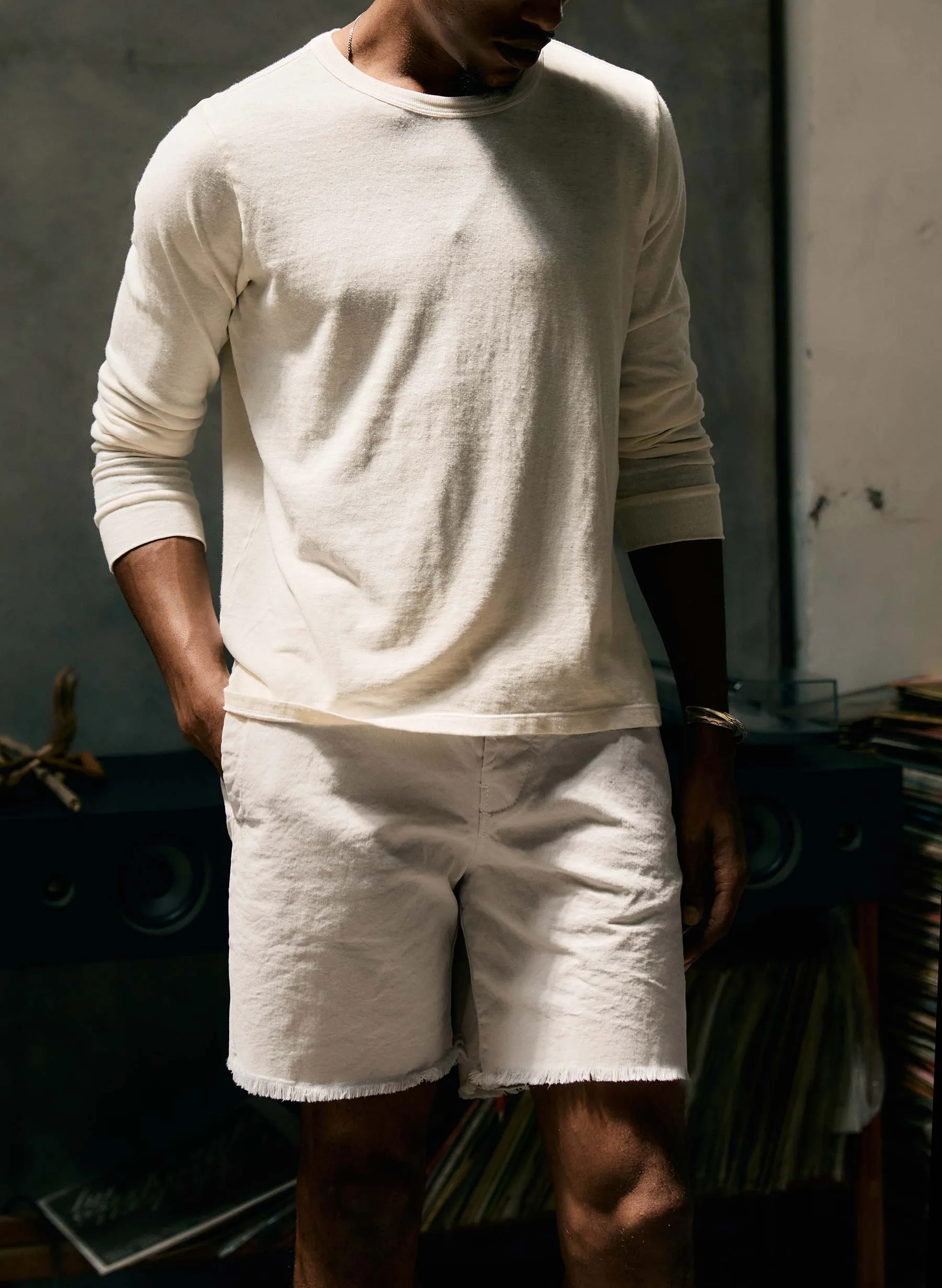 i+w x SKU cutoff chino in stone sold by Imogene + Willie