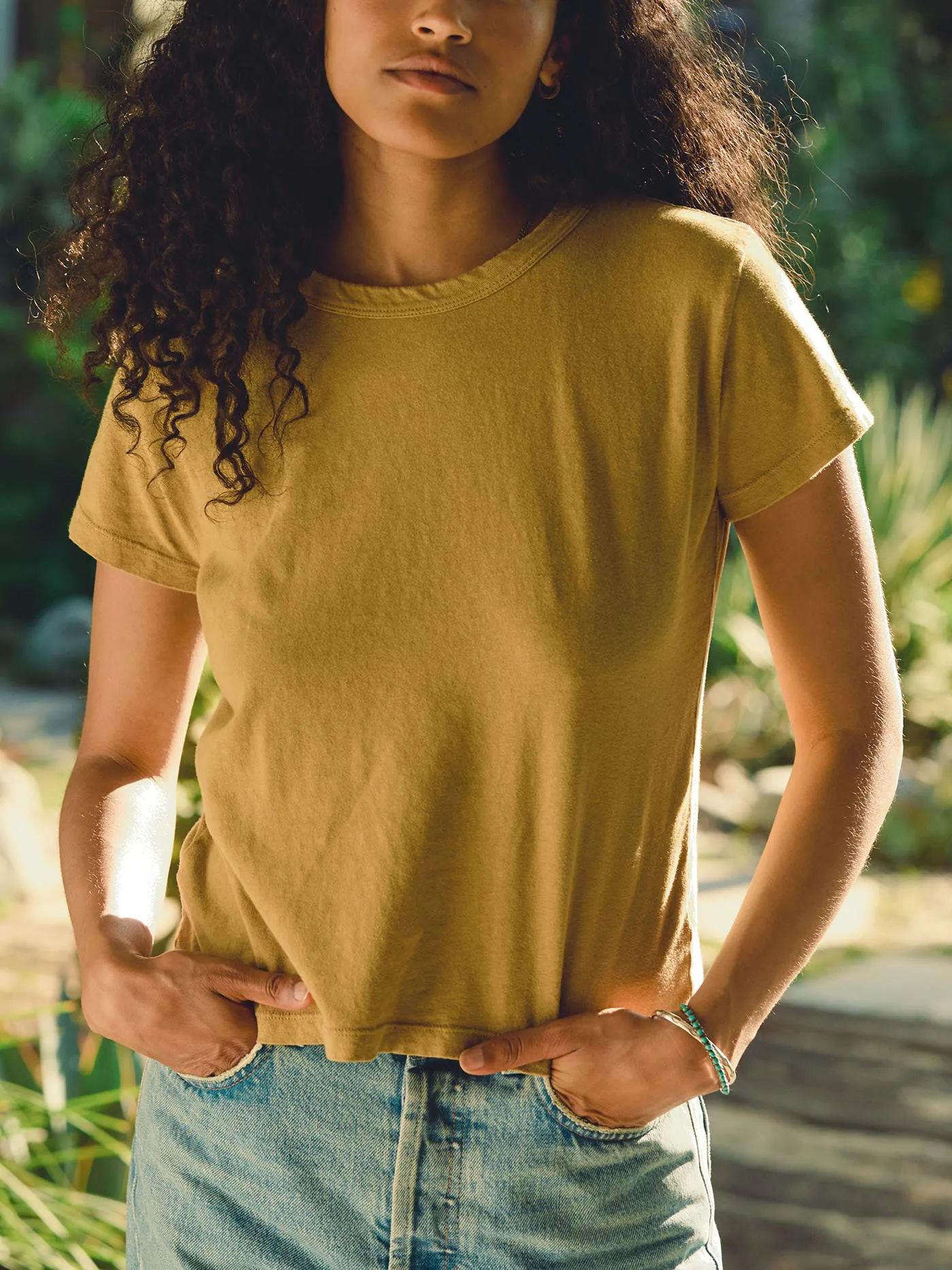 the drop tee in desert green sold by Imogene + Willie