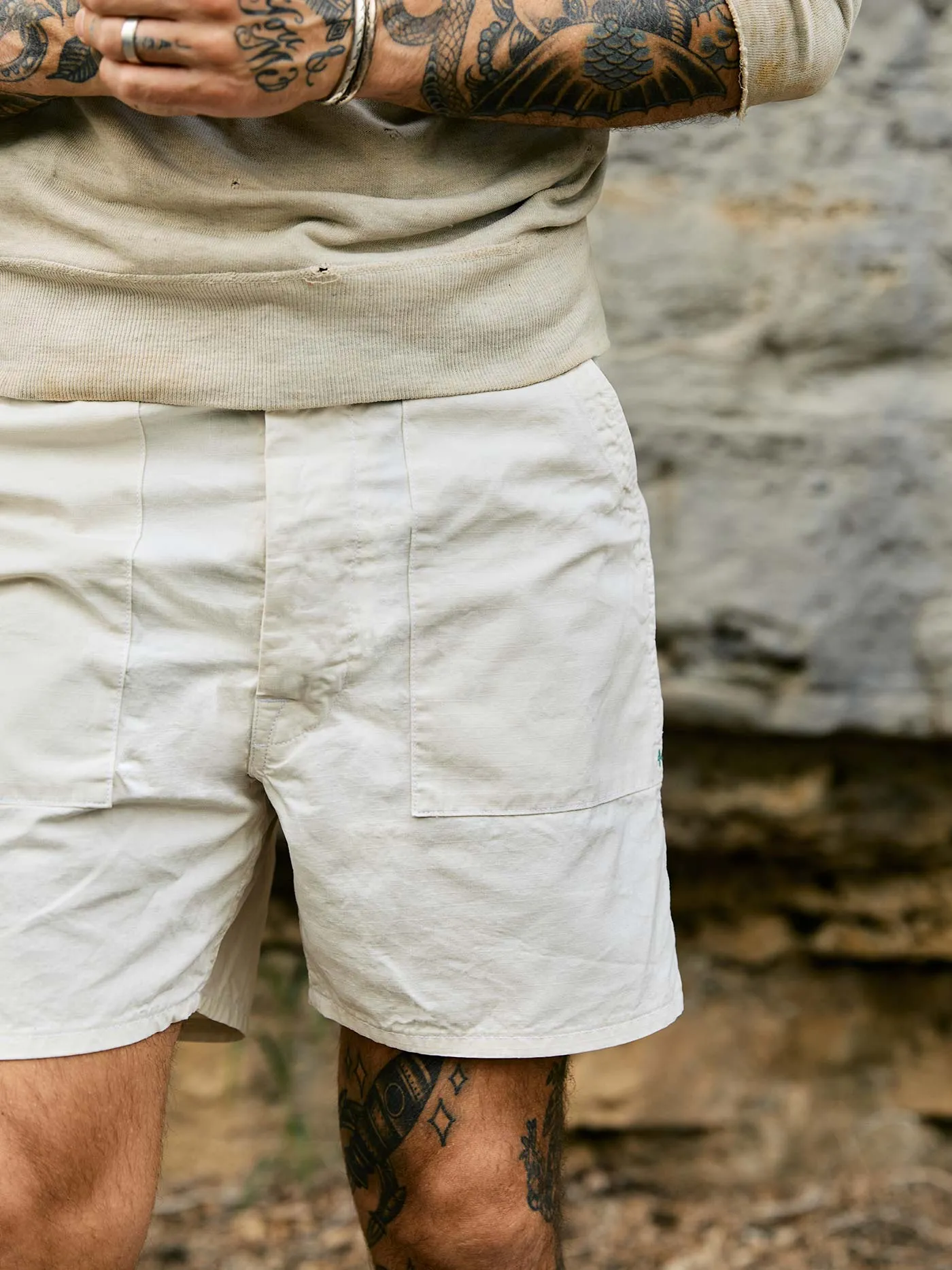 the ripstop fatigue short in stone sold by Imogene + Willie