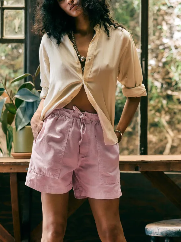 the canvas lounge short in pink stone sold by Imogene + Willie