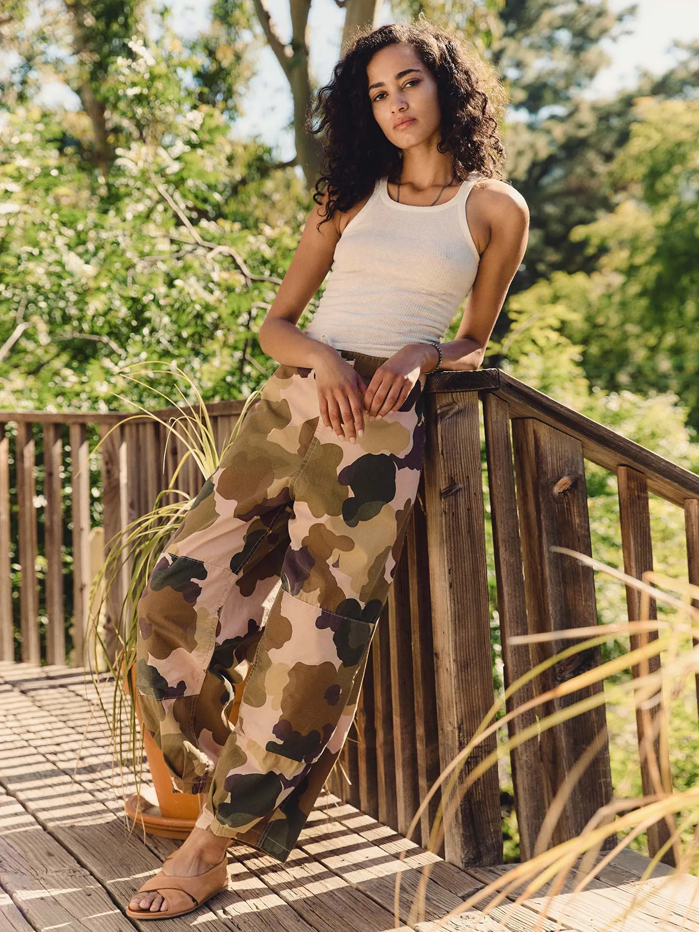 the flight pant in painted camo sold by Imogene + Willie