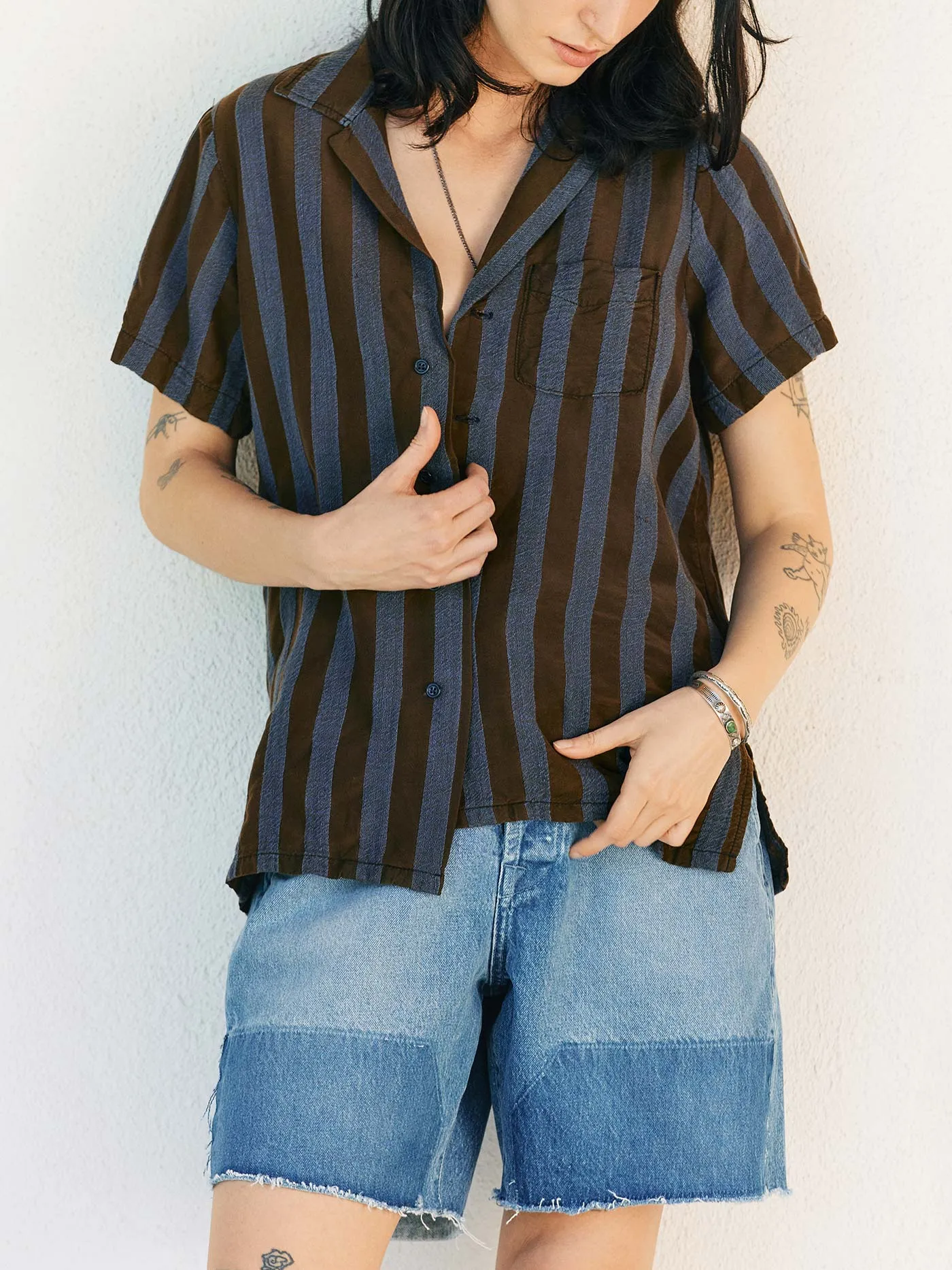 the sunfair shirt in indigo jacquard stripe sold by Imogene + Willie