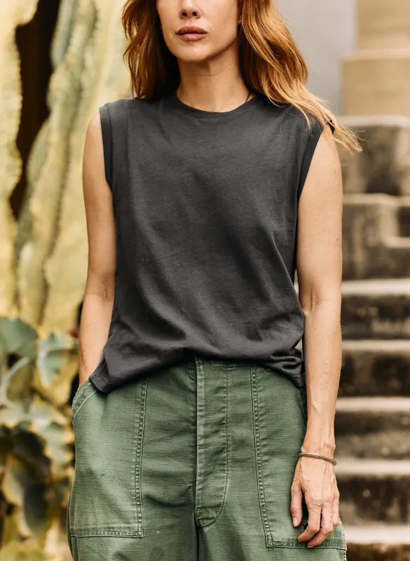 the cotton muscle tee in faded black sold by Imogene + Willie