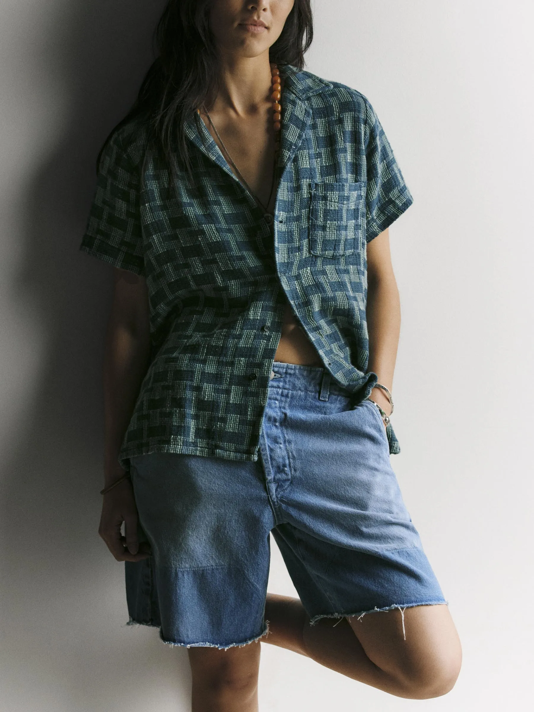 the sunfair shirt in open knit indigo sold by Imogene + Willie