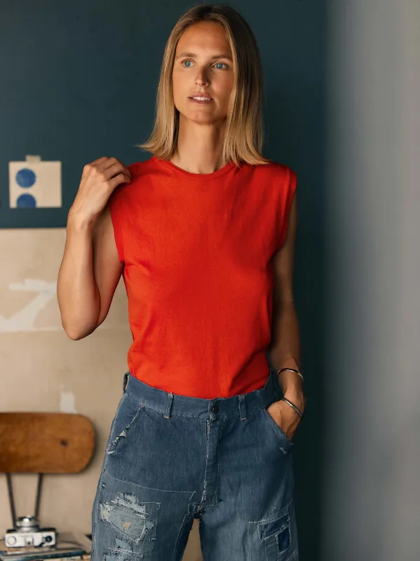 the cotton muscle tee in poppy sold by Imogene + Willie