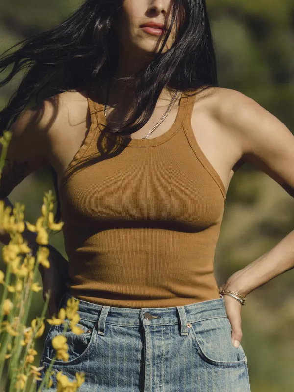 field brown ribbed racerback tank sold by Imogene + Willie