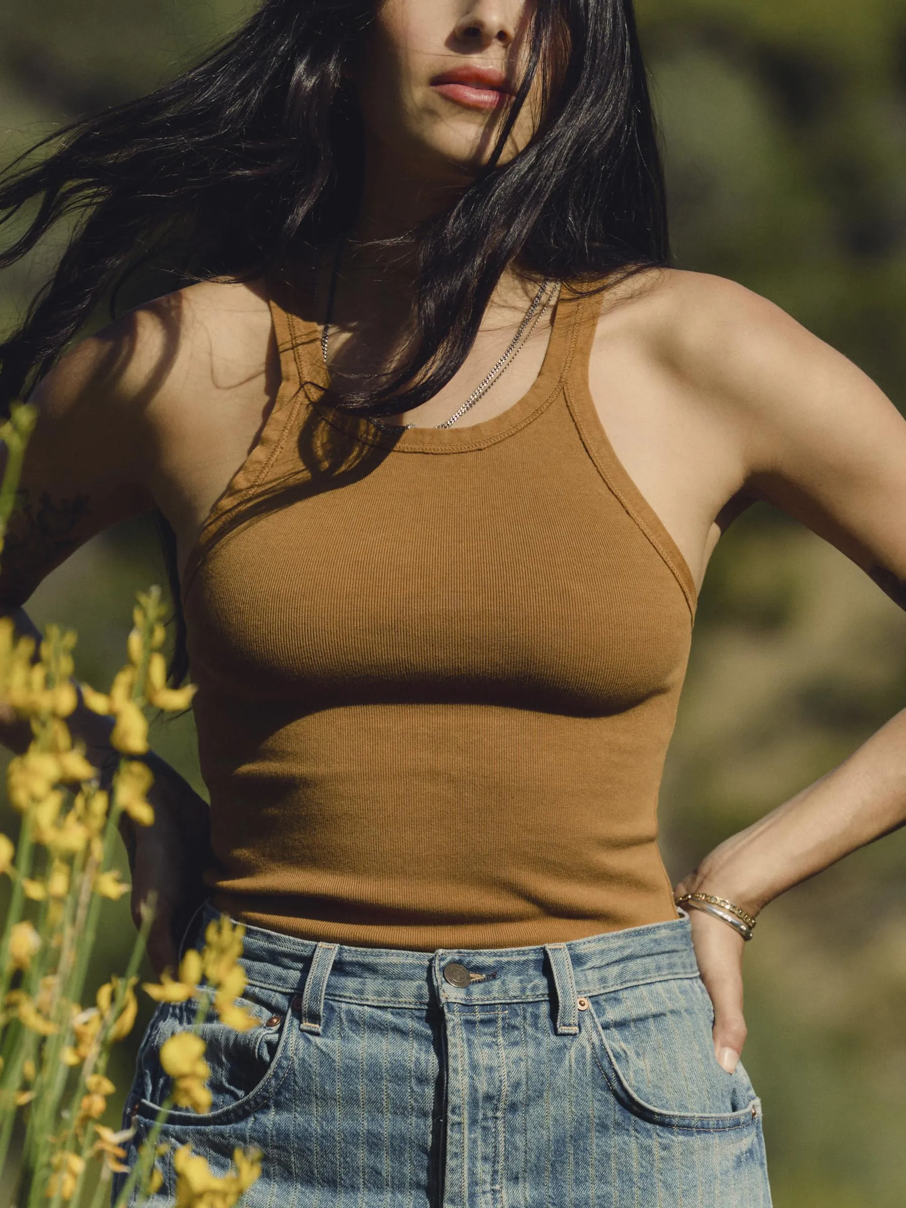 field brown ribbed racerback tank sold by Imogene + Willie