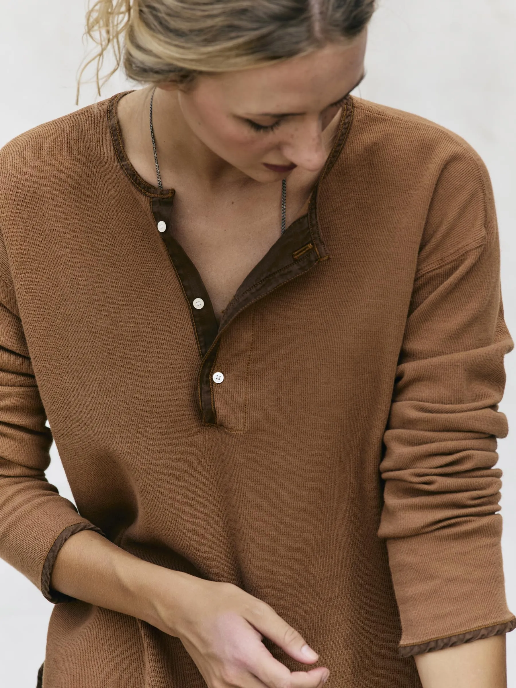 midweight vintage henley in field brown sold by Imogene + Willie product image thumbnail 4