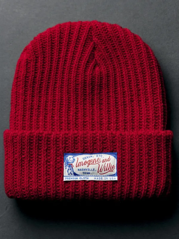 knit "bird dog" cap in red sold by Imogene + Willie