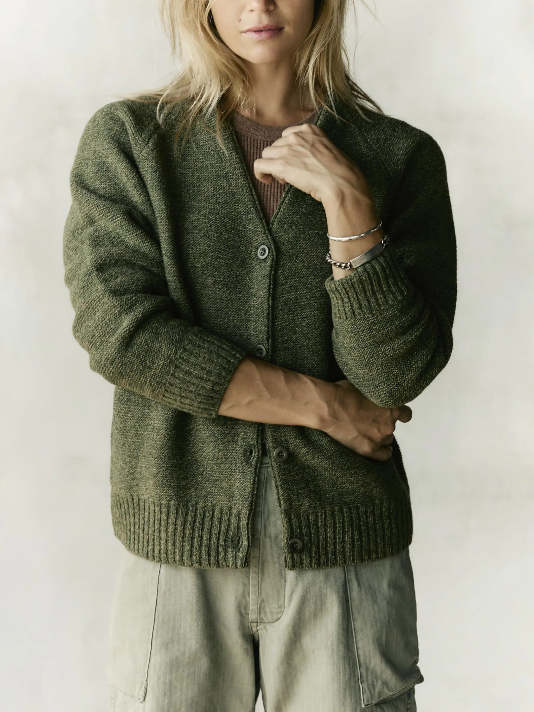 evie cardigan in sage sold by Imogene + Willie