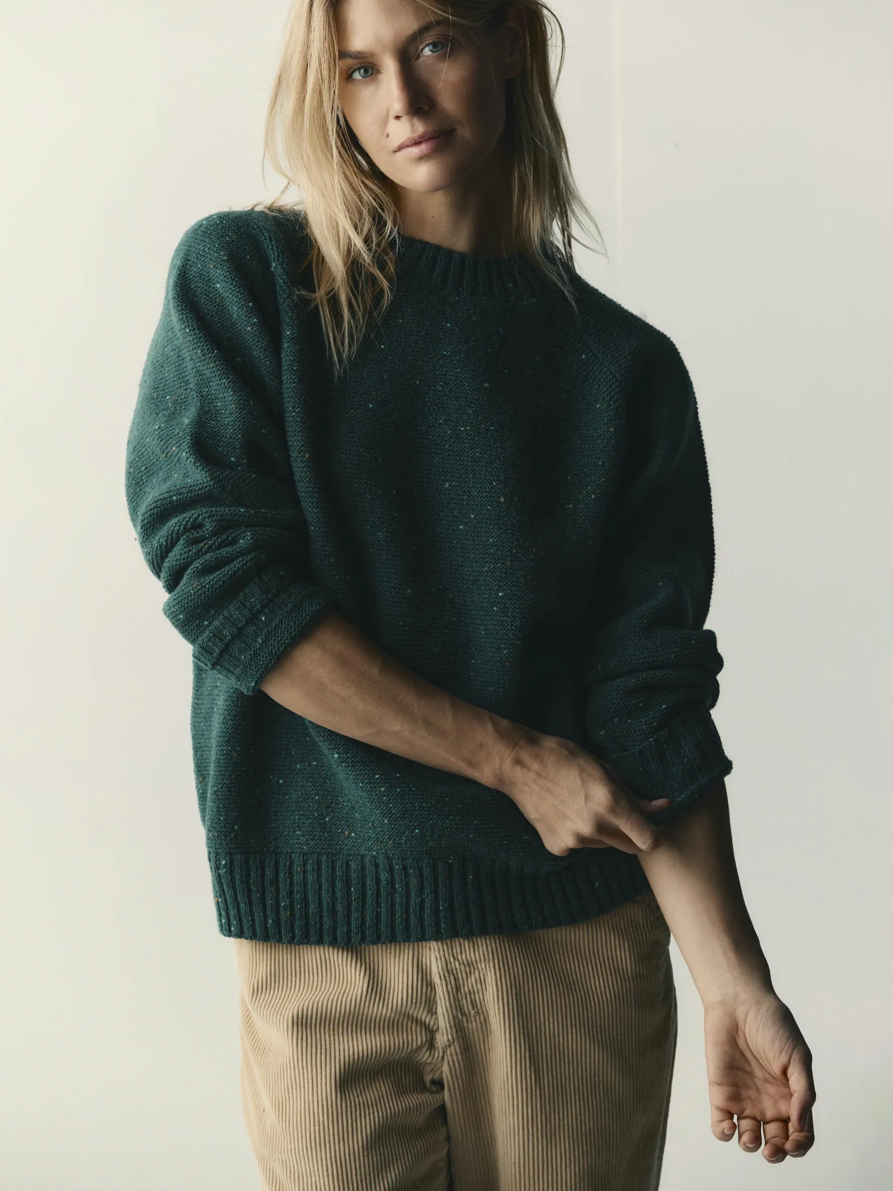 galway wool sweater in spruce nep sold by Imogene + Willie