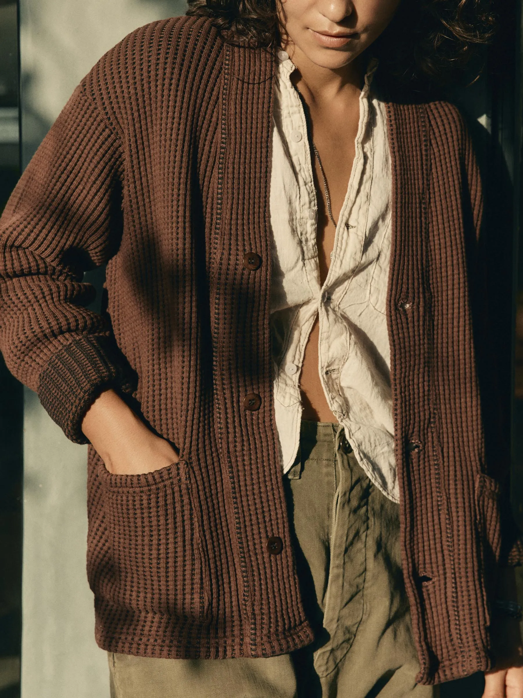 knit waffle cardigan in brown sold by Imogene + Willie product image thumbnail 3