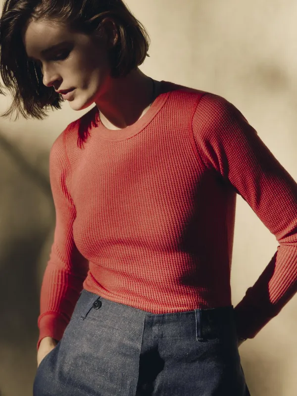 long sleeve waffle thermal in faded red sold by Imogene + Willie
