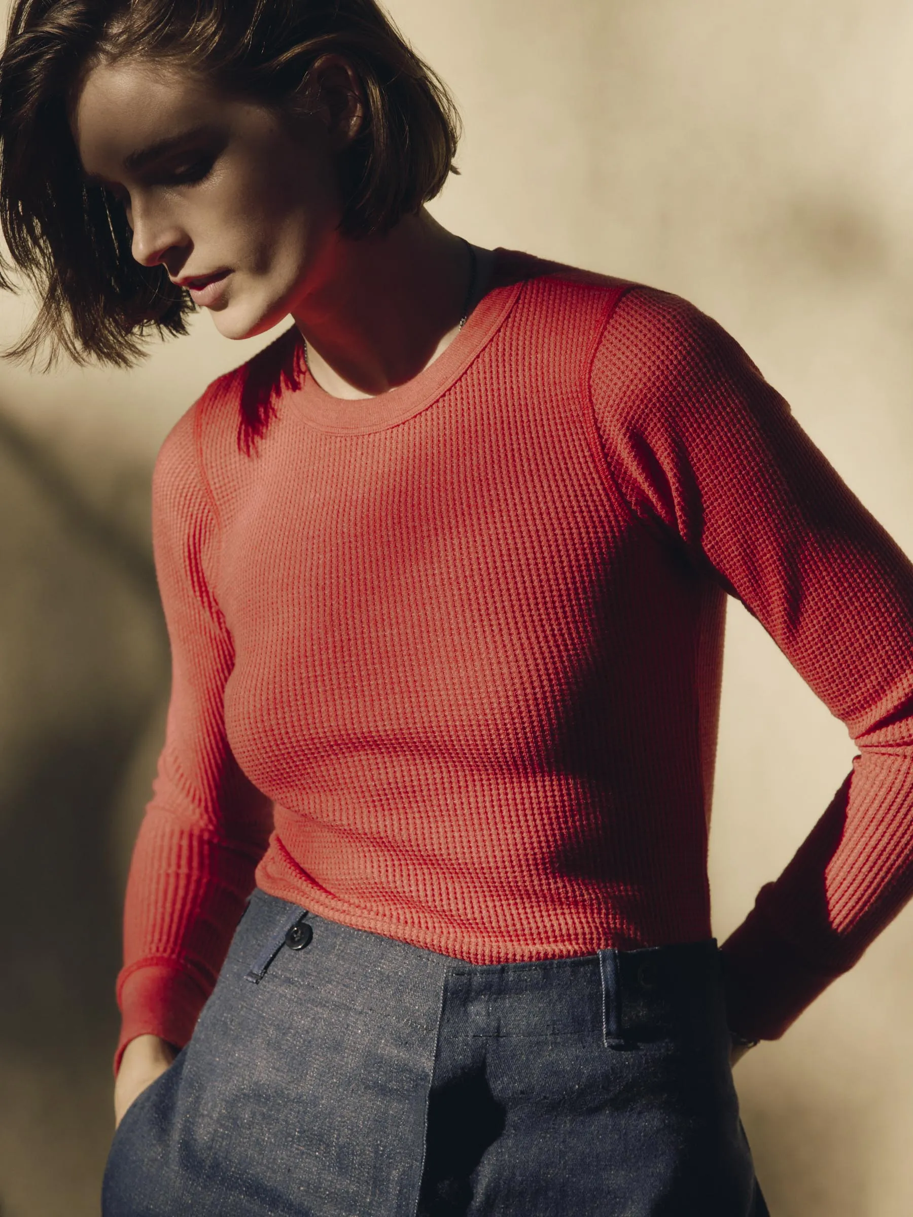 long sleeve waffle thermal in faded red sold by Imogene + Willie