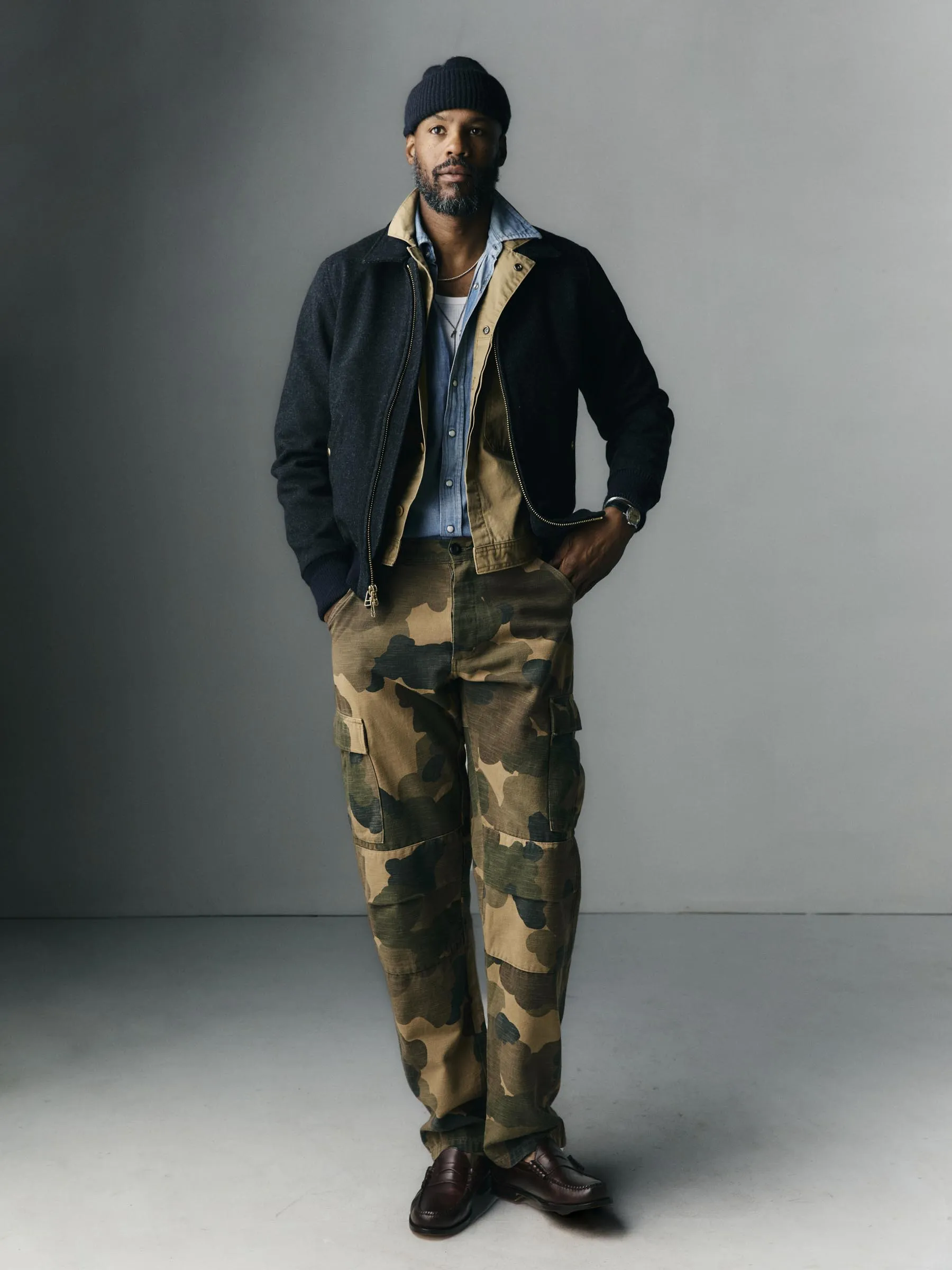 camp pant in painted camo sold by Imogene + Willie