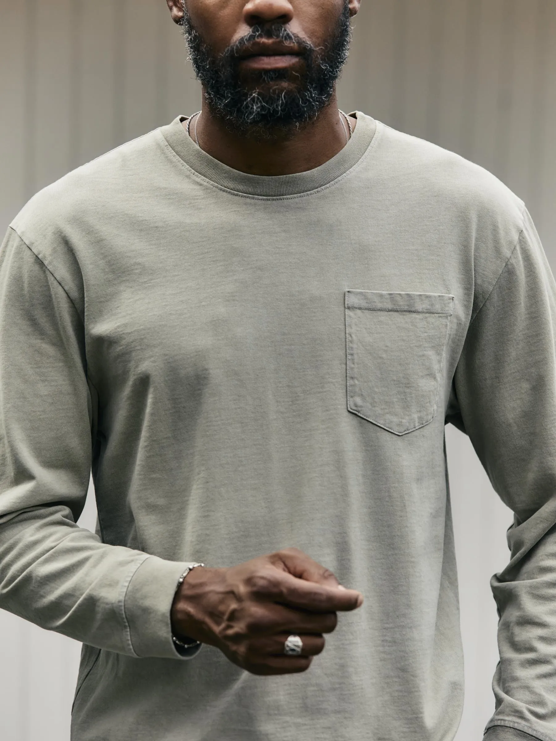 long sleeve pocket tee in stone sold by Imogene + Willie